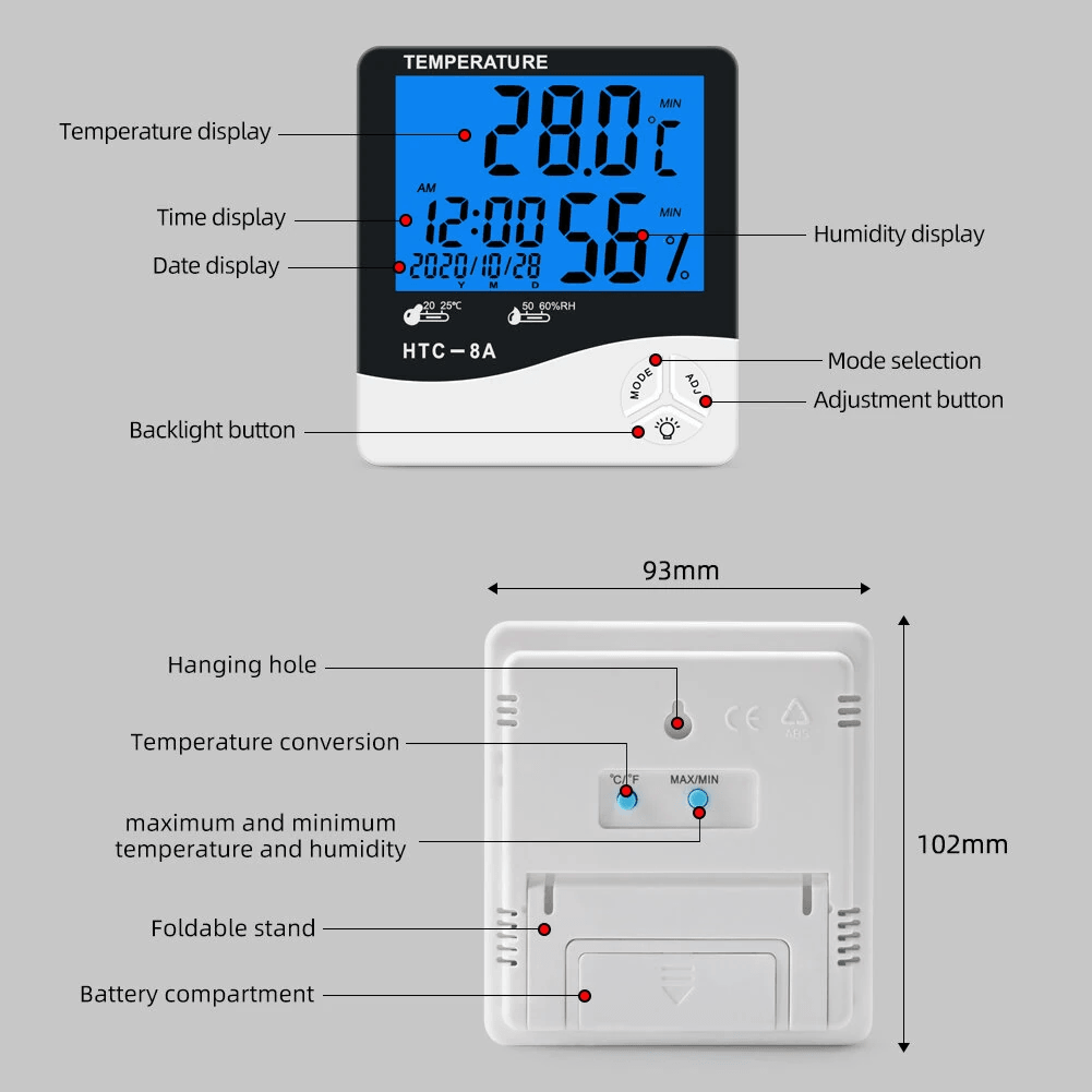Digital Thermometer Hygrometer With Large LCD Backlight Alarm Clock And Max Min Memory 5