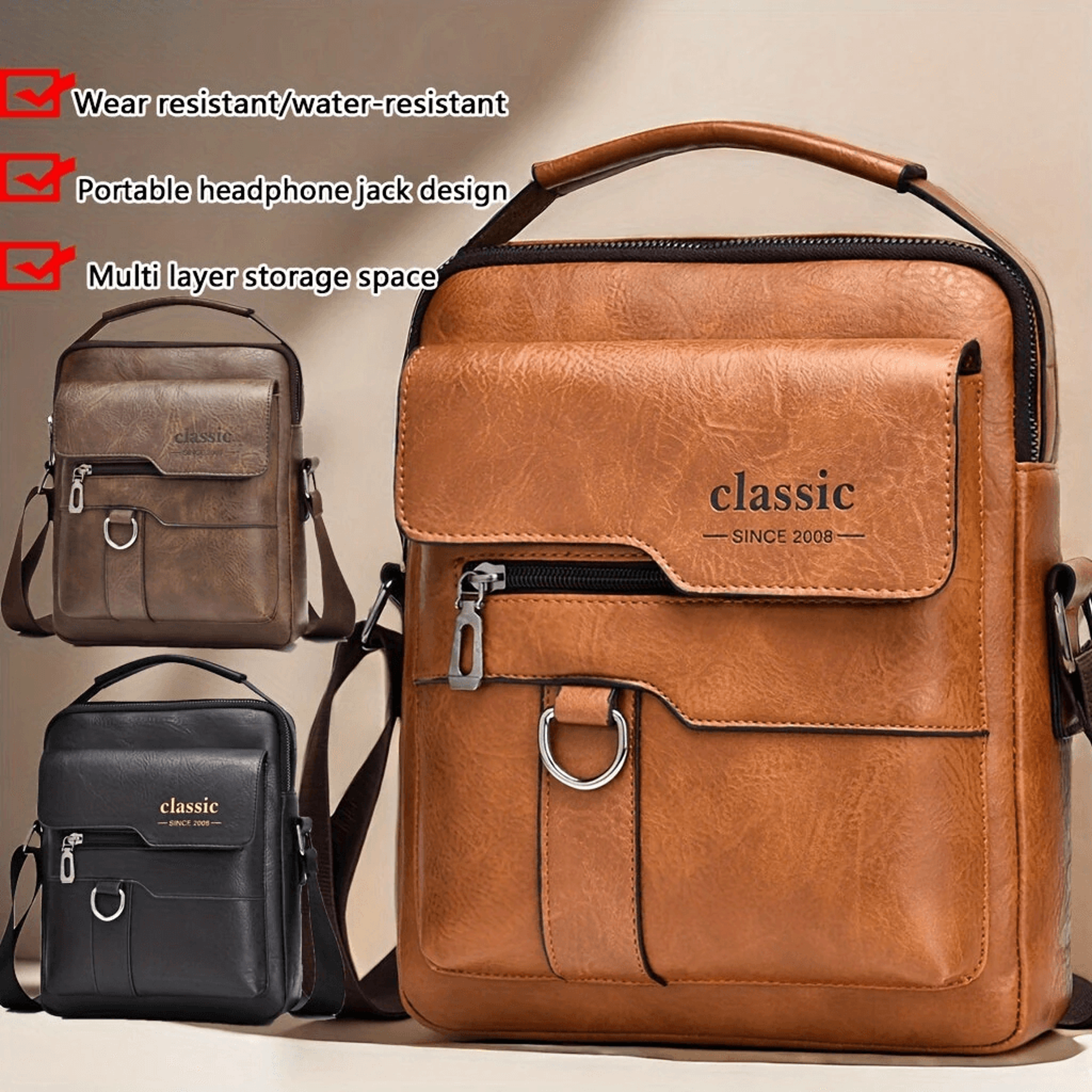Mens PU Leather Crossbody Bag Large Capacity Multi Pocket Messenger Bag 5