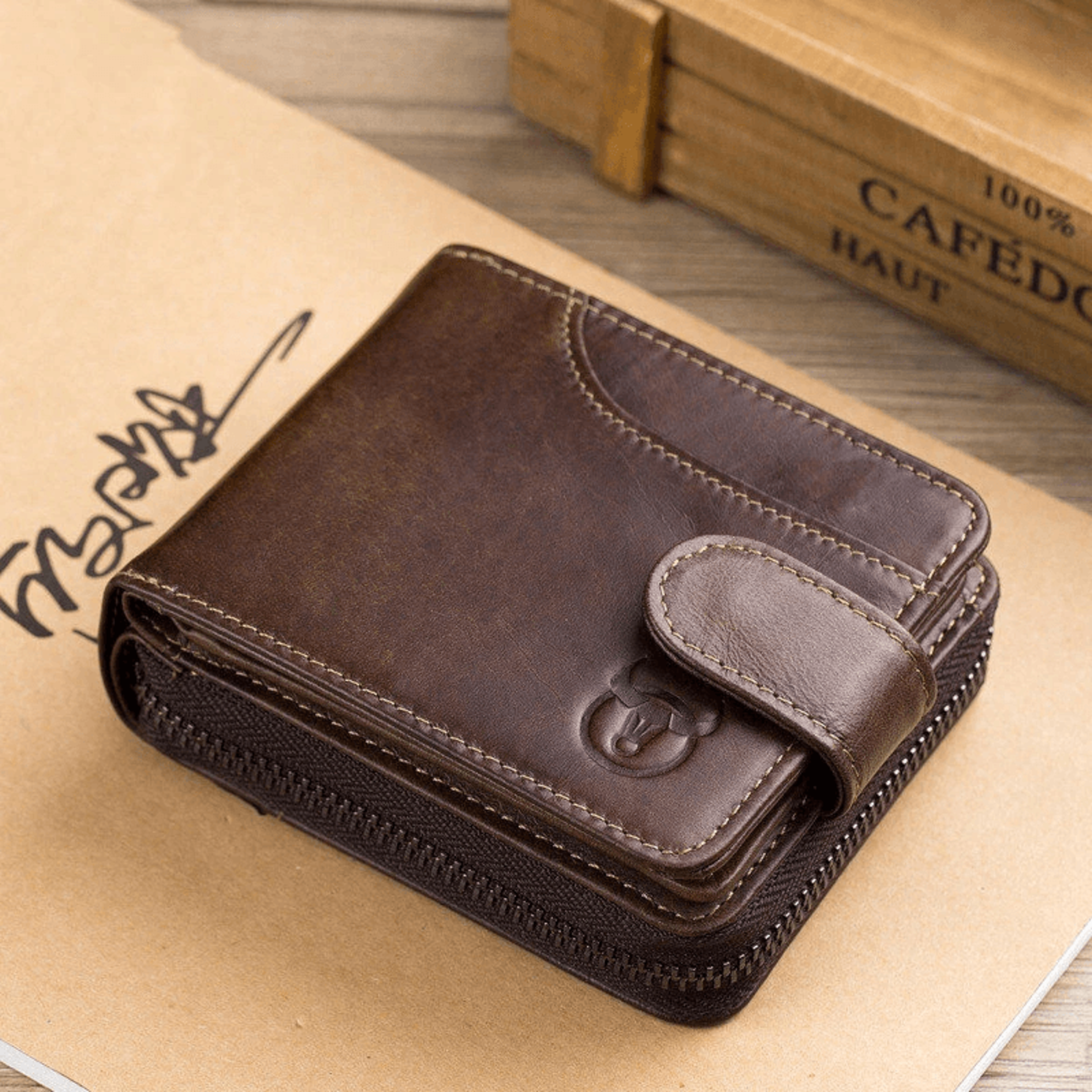 Mens Genuine Leather RFID Blocking Zipper Wallet With Coin Pocket 8