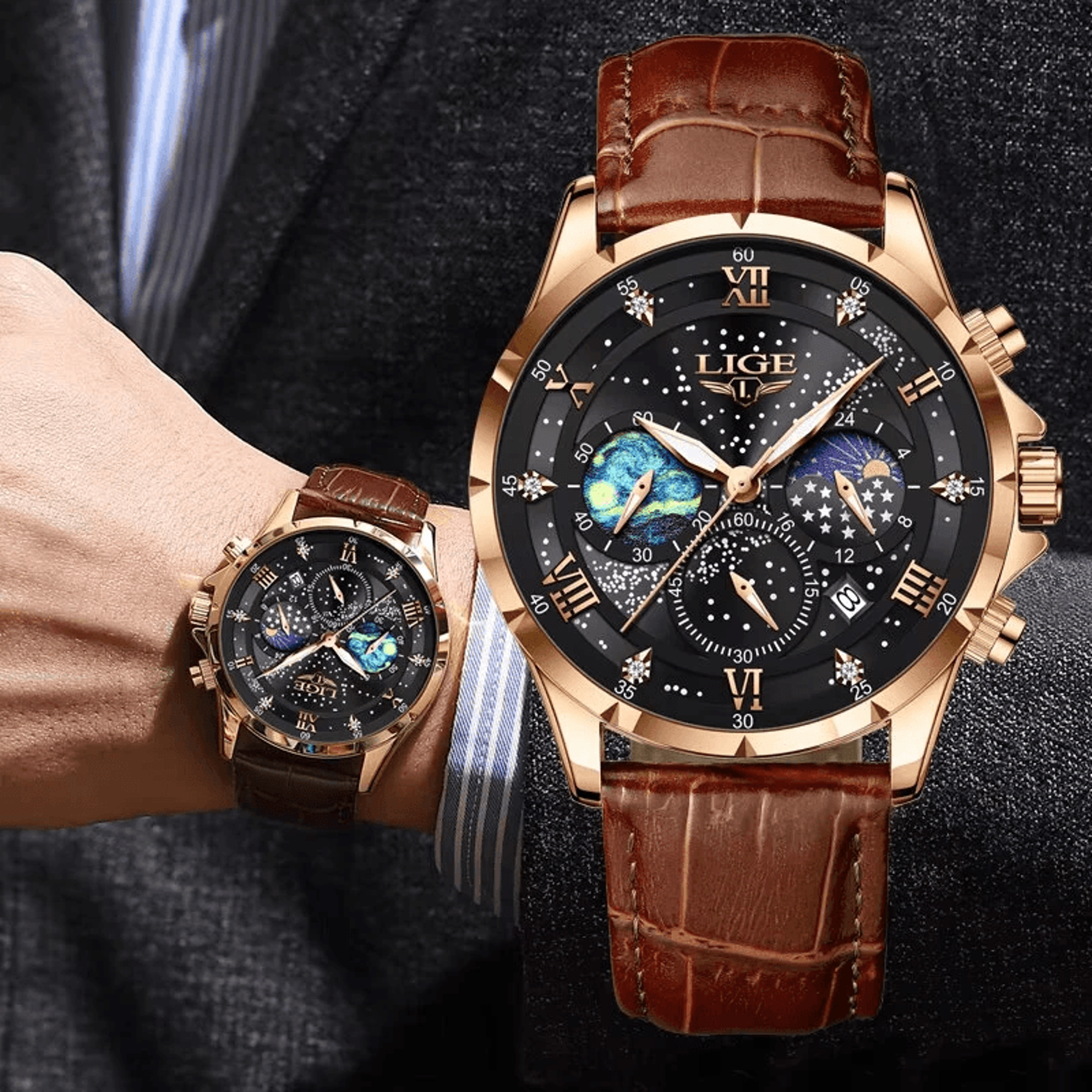 Mens Waterproof Quartz Watch With Luminous Display Leather Strap And Auto Calendar 3