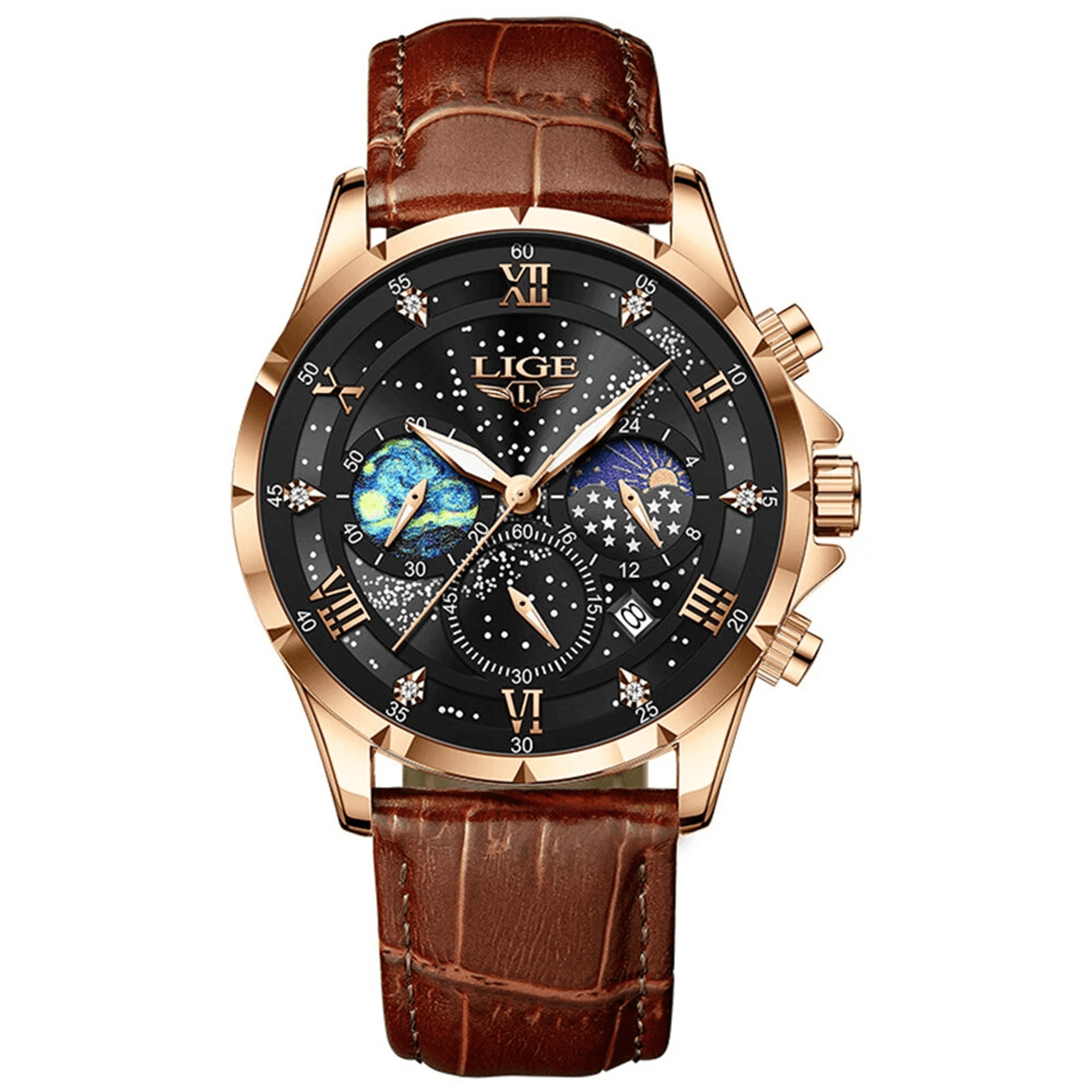 Mens Waterproof Quartz Watch With Luminous Display Leather Strap And Auto Calendar 6