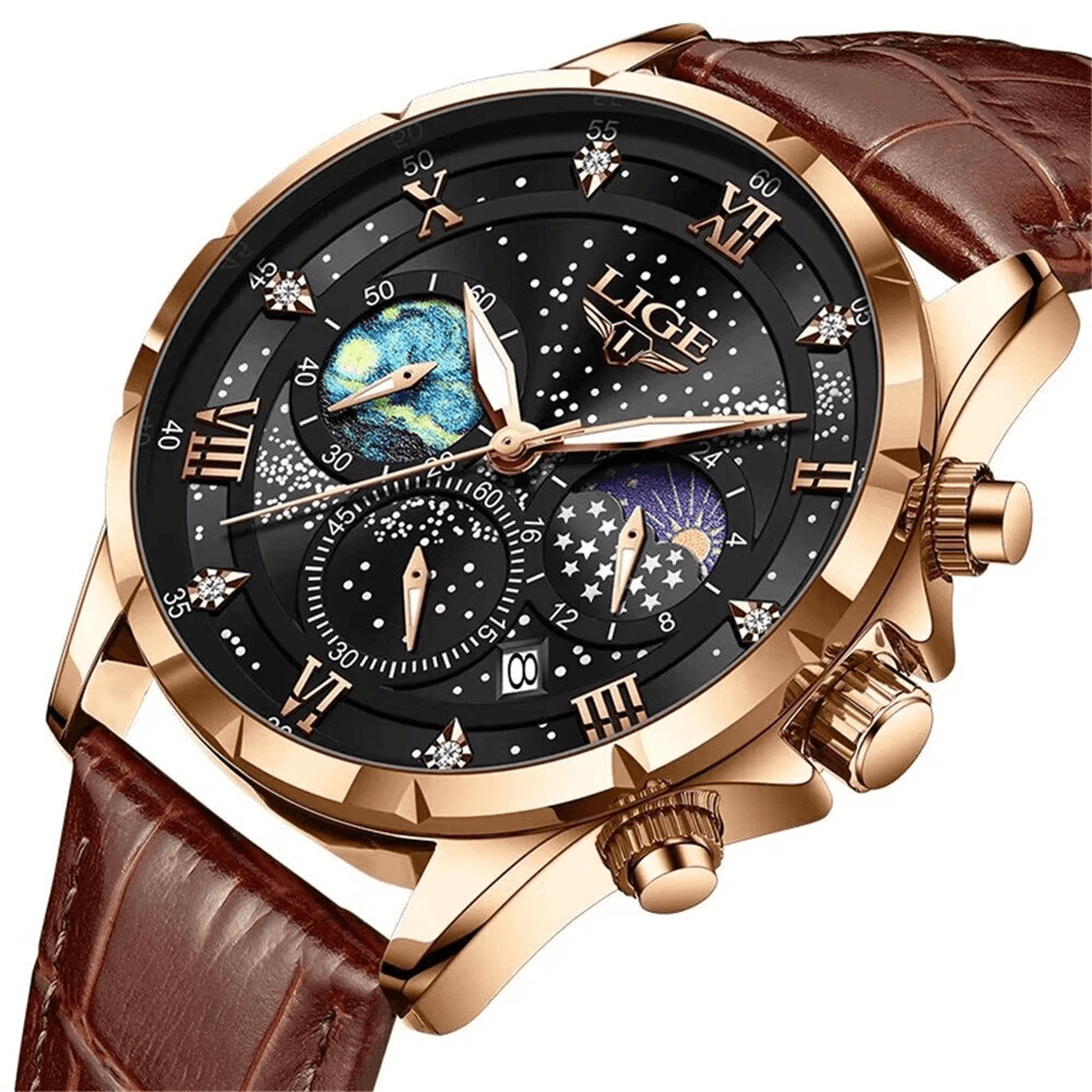 men's waterproof quartz watch with luminous display leather strap and auto calendar