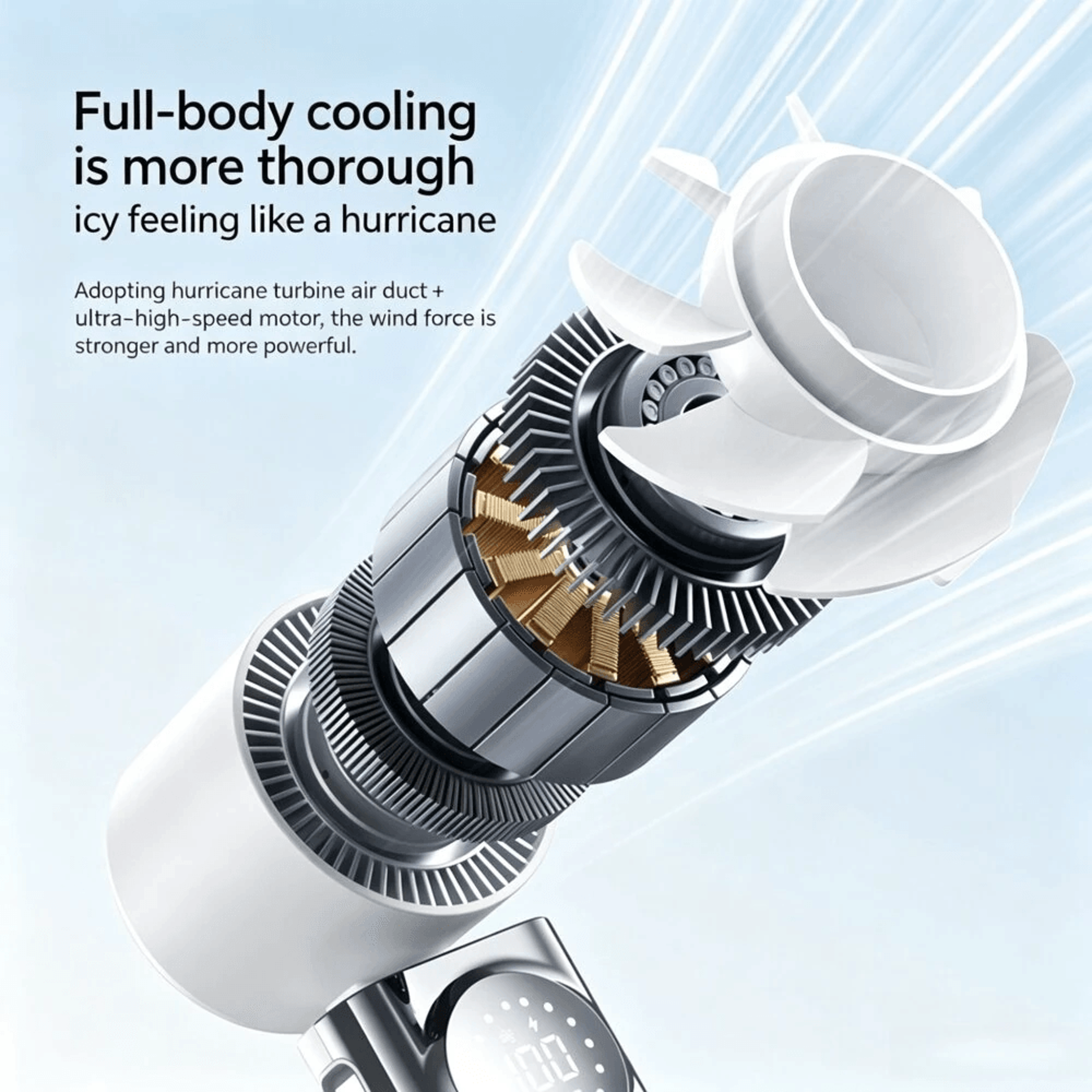 Portable Handheld Ice Cooling Fan With Speed Control Digital Display And Foldable Neck Design 2