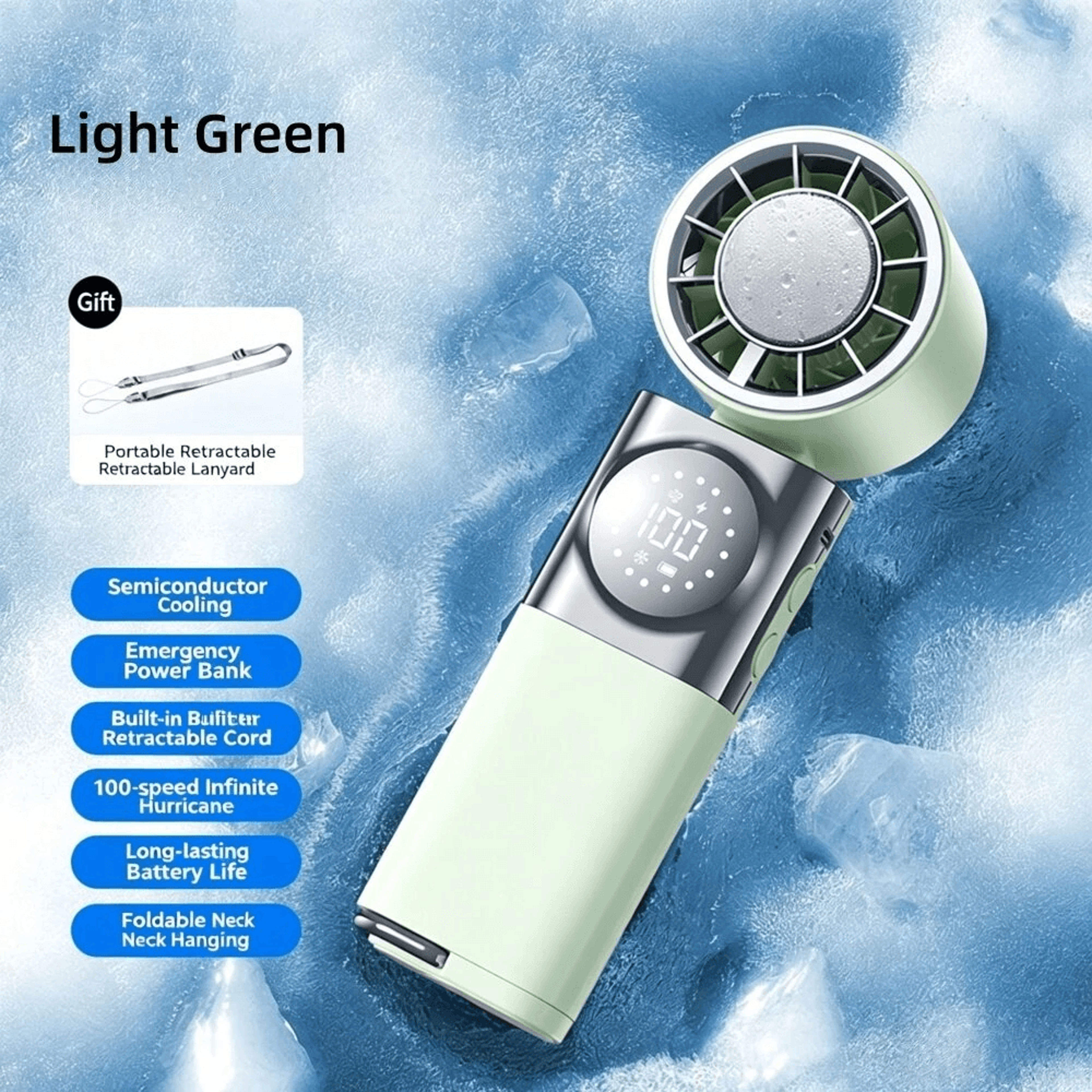 Portable Handheld Ice Cooling Fan With Speed Control Digital Display And Foldable Neck Design 6