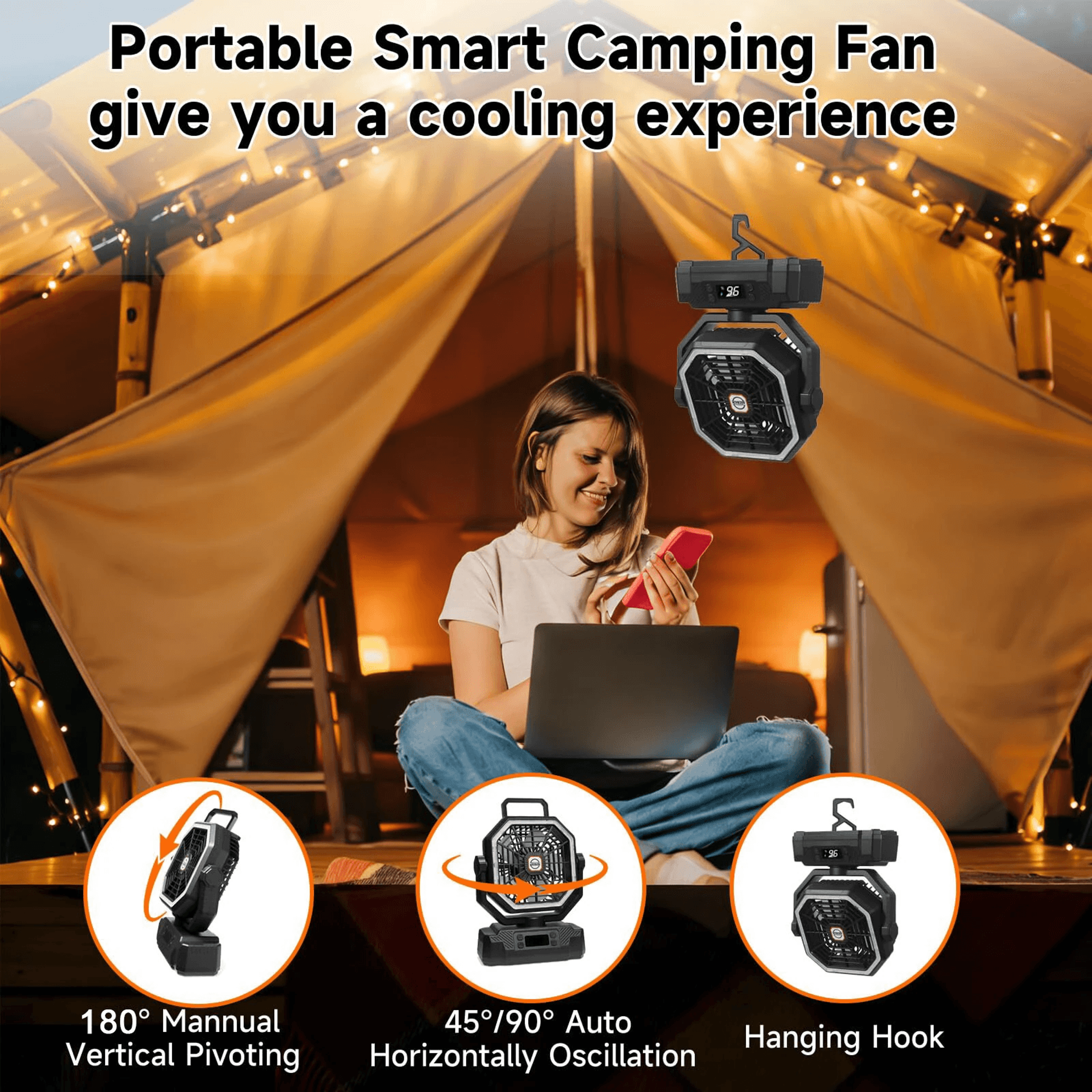 Rechargeable Camping Fan With LED Light Battery Remote Control And Speeds 2