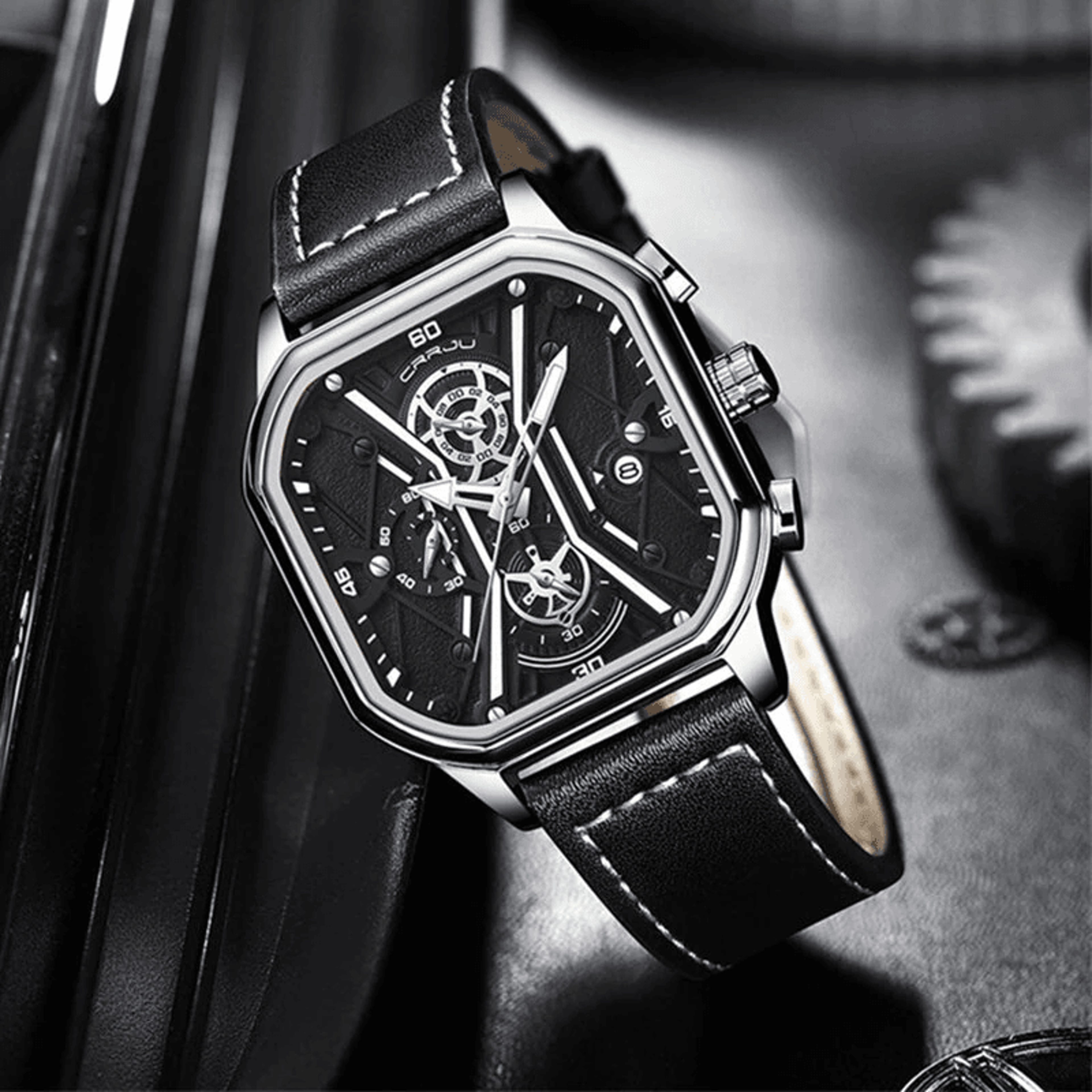Square Chronograph Watch For Men With Leather Strap And Waterproof Quartz 1