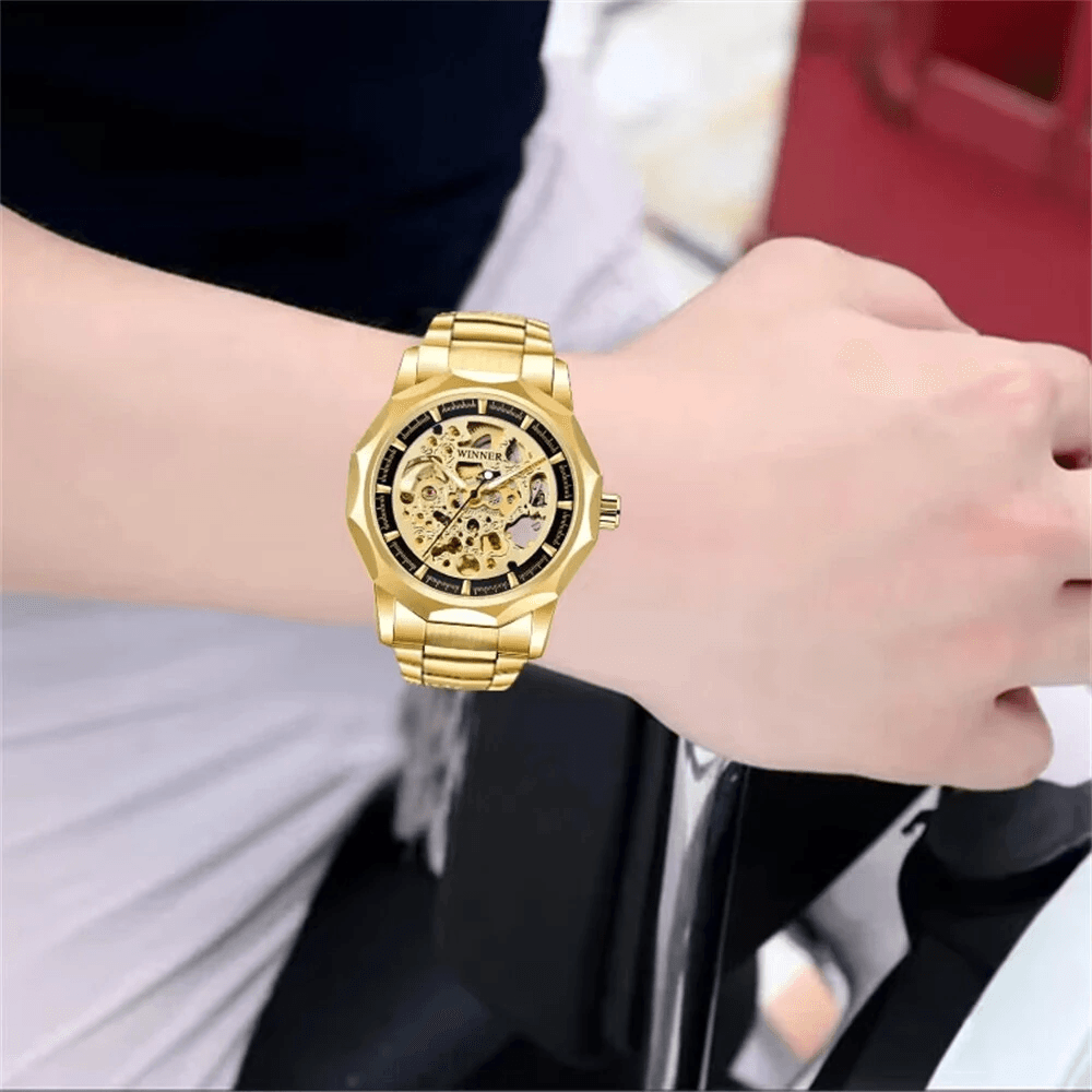 Automatic Skeleton Mechanical Watch For Men With Gold Steel Band And Retro Dial 2