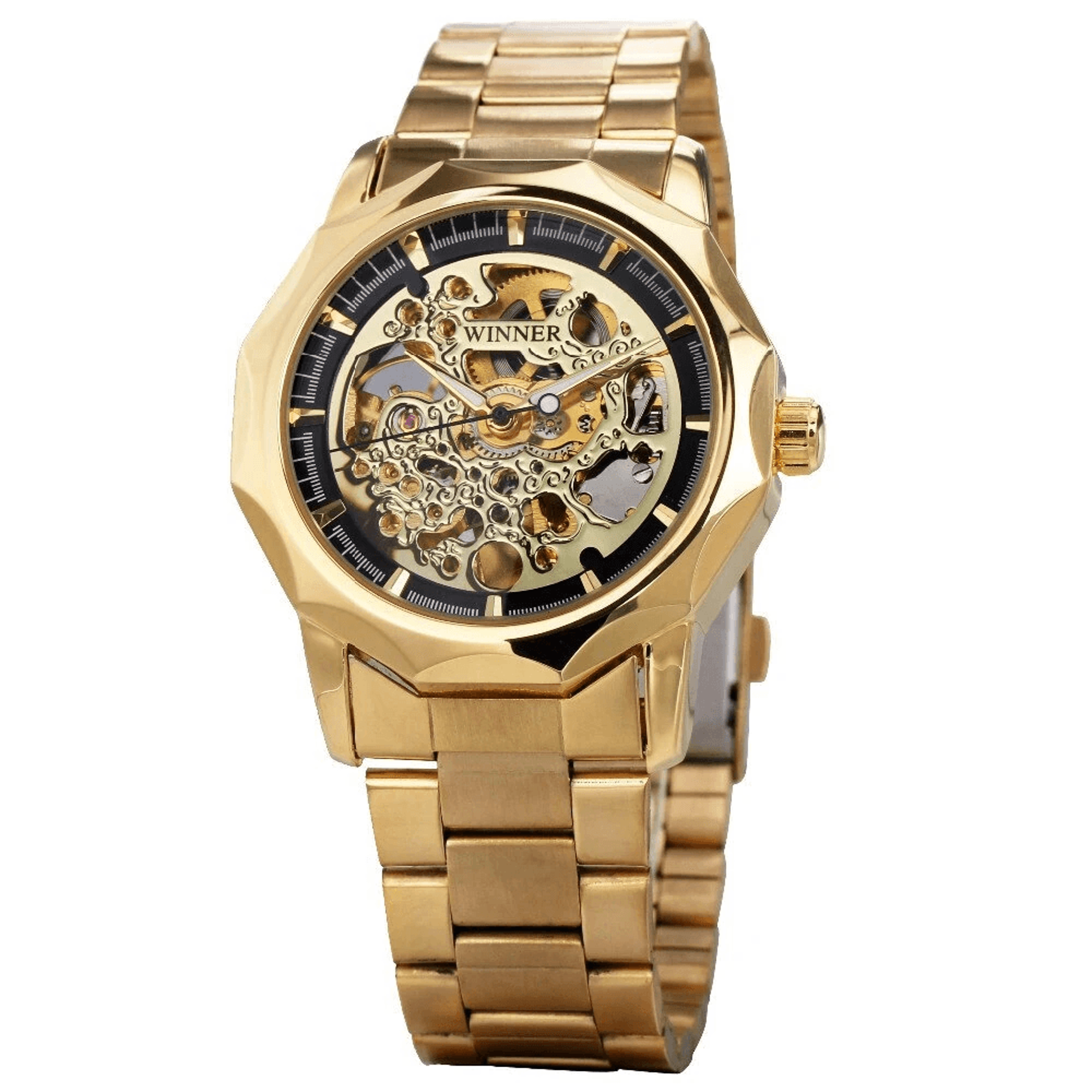 Automatic Skeleton Mechanical Watch For Men With Gold Steel Band And Retro Dial 1