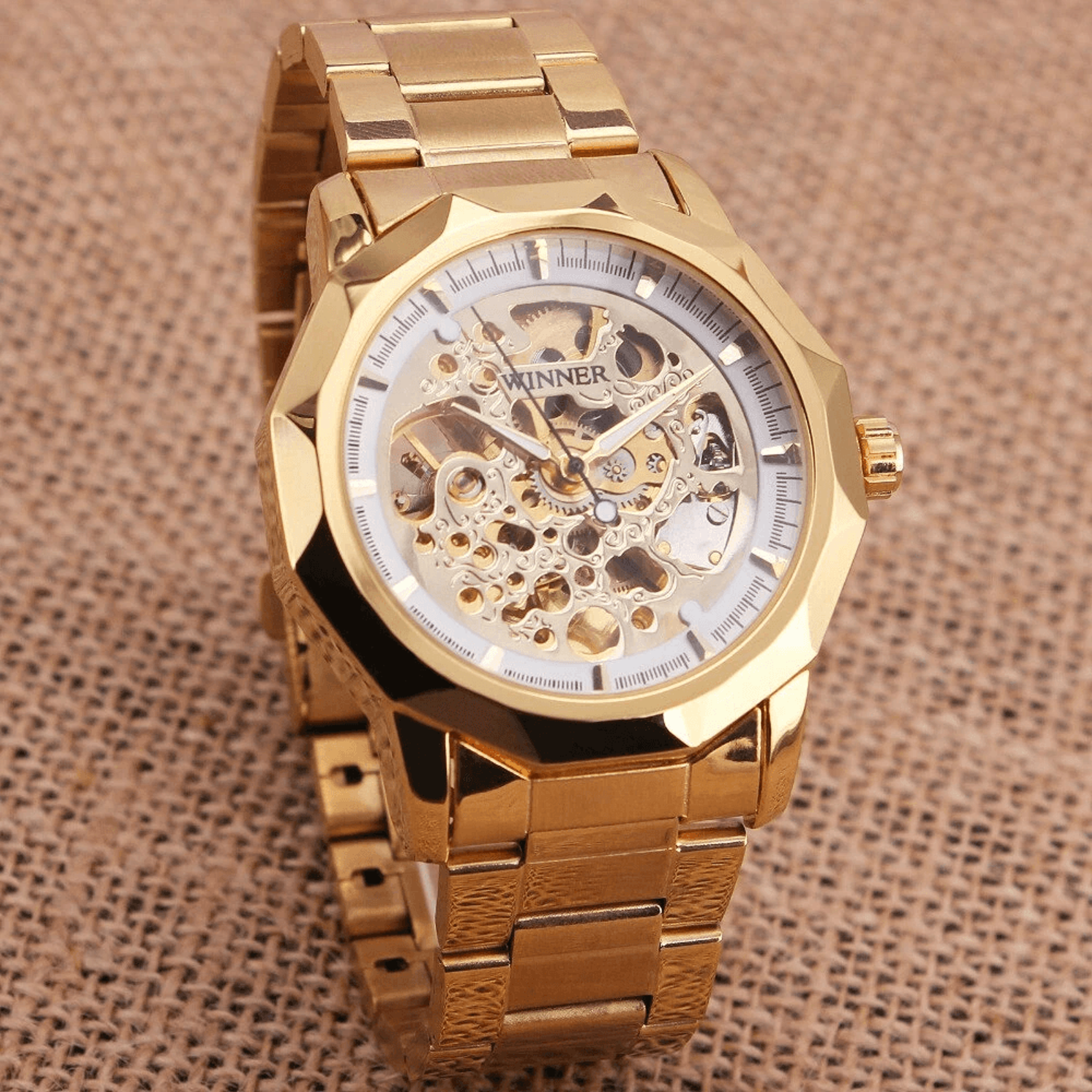 Automatic Skeleton Mechanical Watch For Men With Gold Steel Band And Retro Dial 4