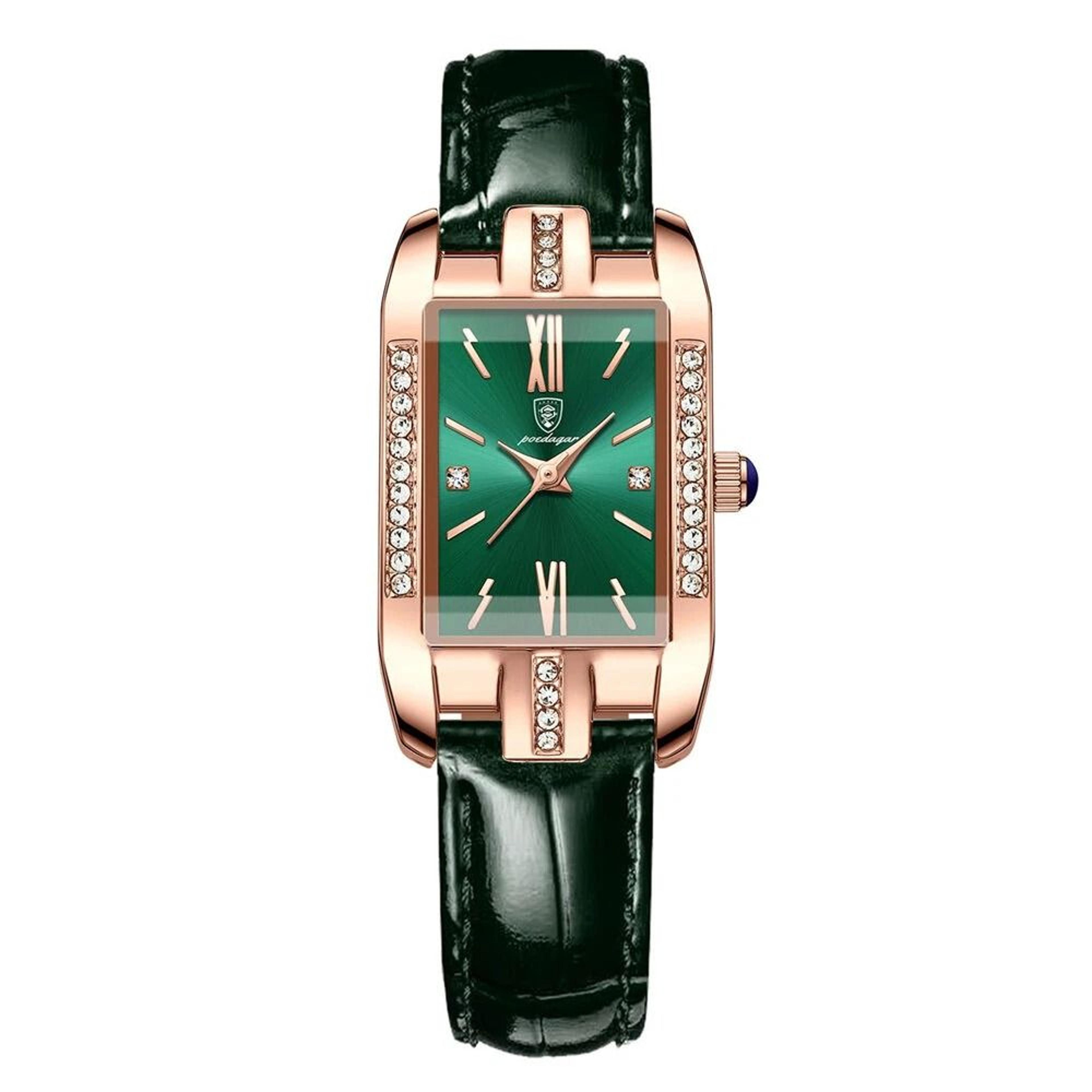 Elegant Rectangular Quartz Watch For Women With Leather Strap And Crystal Accents 0