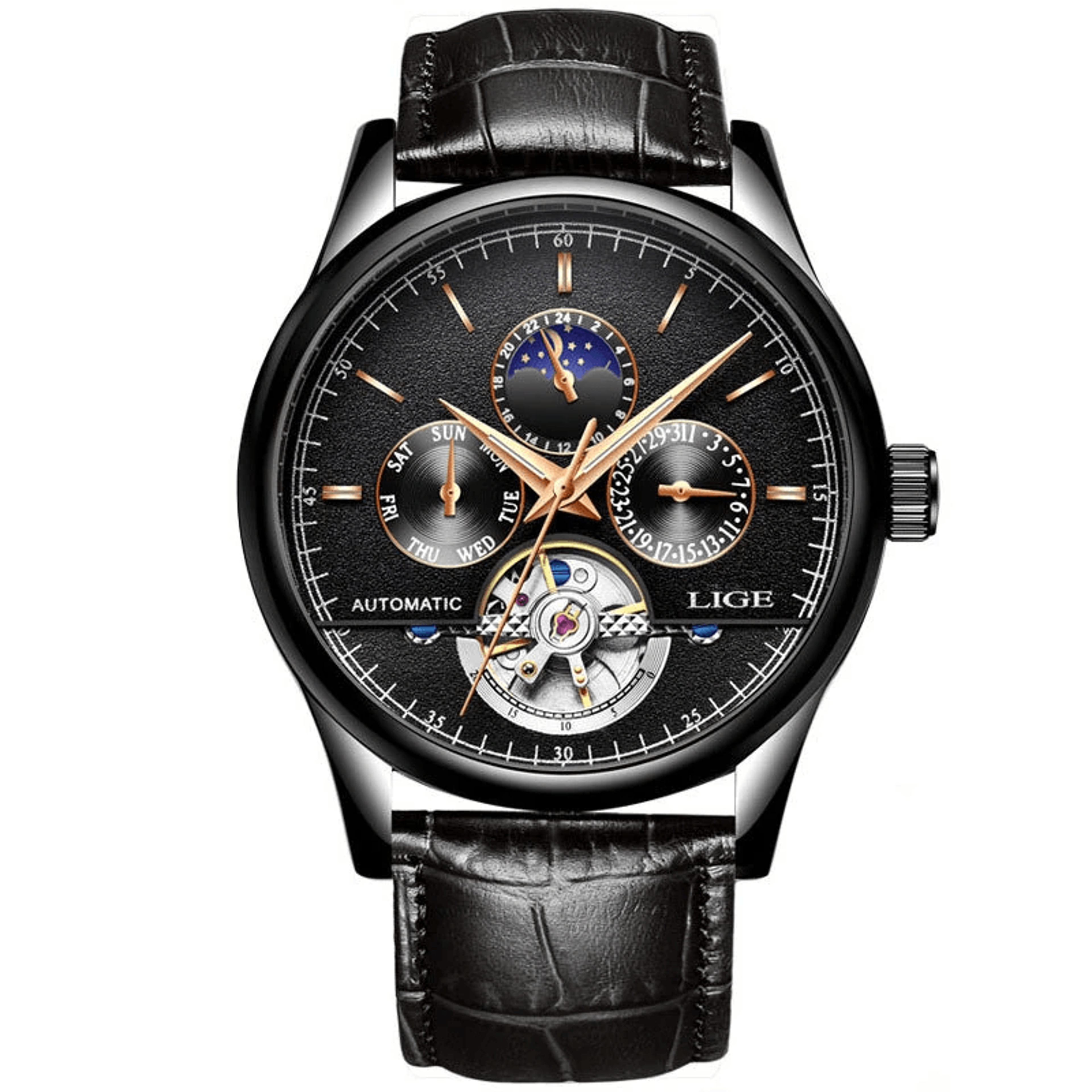 Mens Automatic Mechanical Watch With Genuine Leather Strap And Multifunction Dial 5