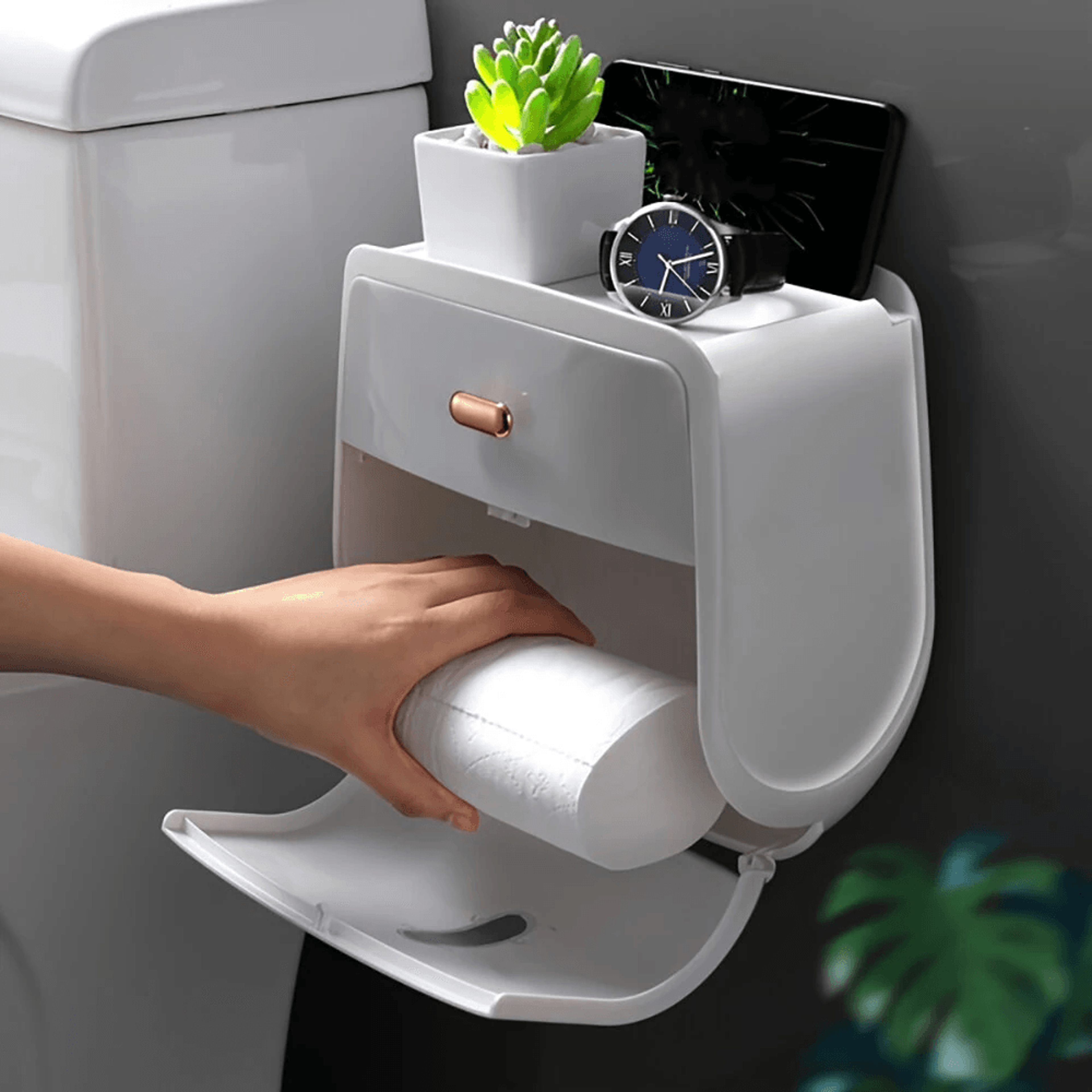 Wall Mounted Toilet Paper Holder With Double Layer Bathroom Organizer Shelf 5
