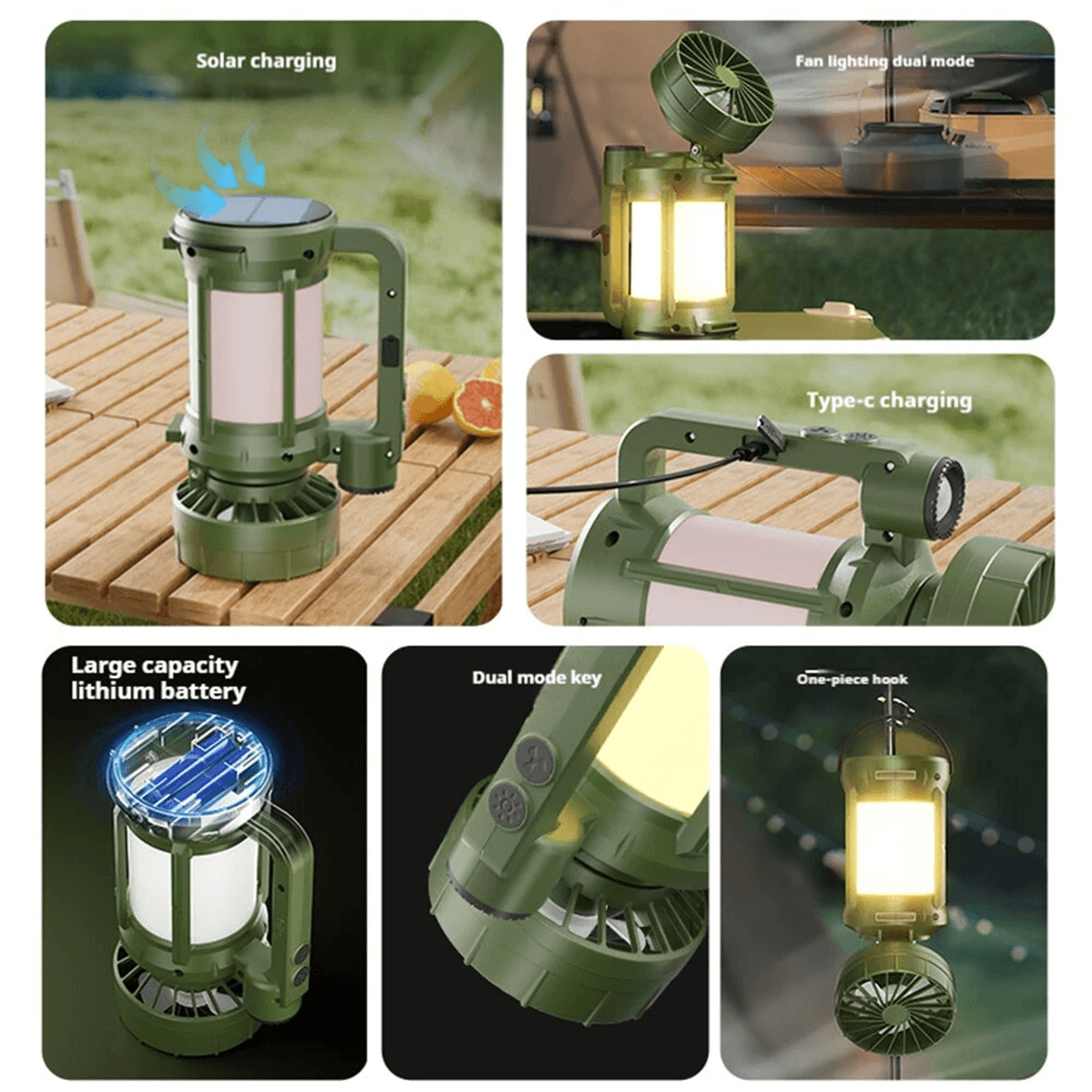 Portable Solar Camping Lantern With Mini Fan LED Flashlight And Type C Rechargeable Battery 4