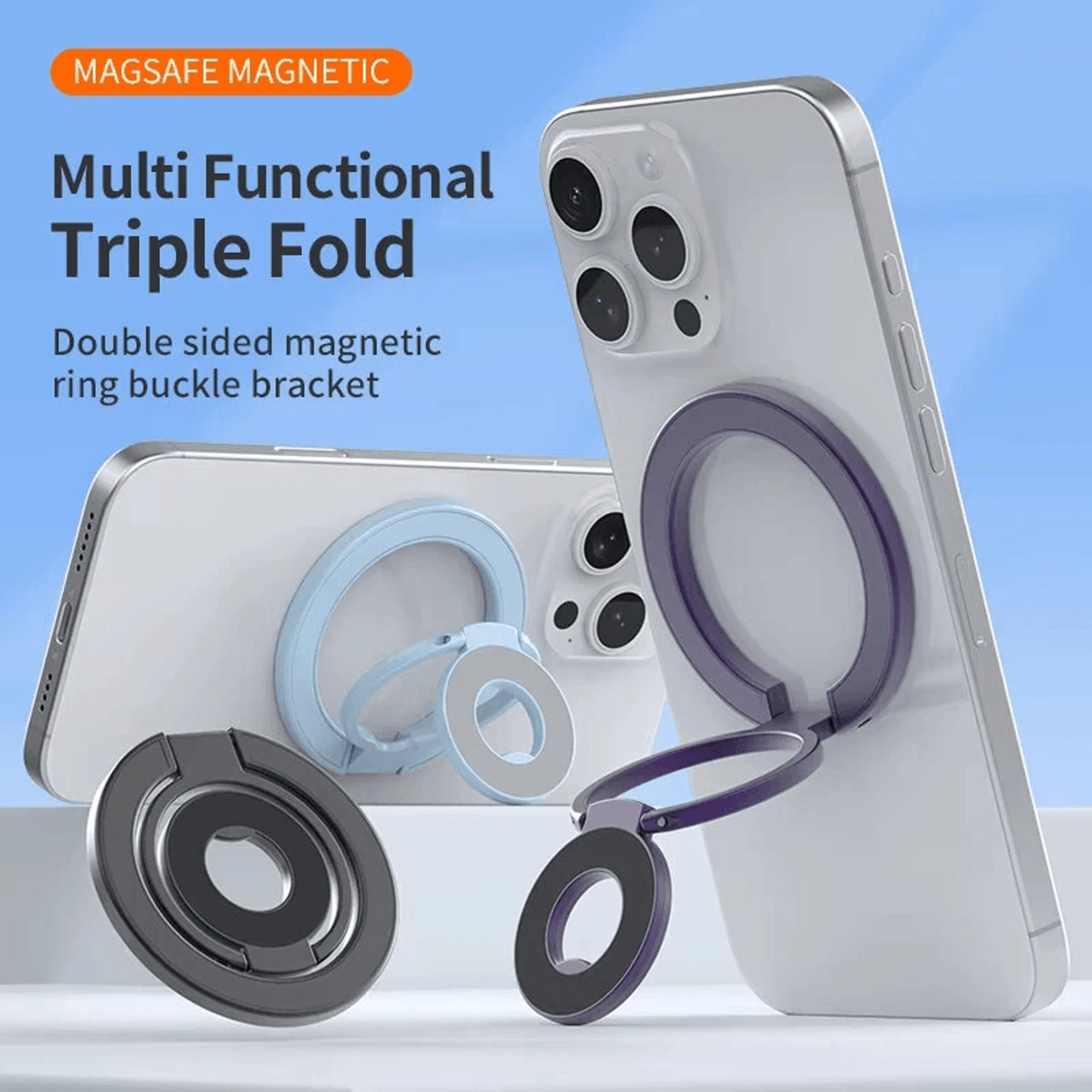 Tri Fold Magnetic Phone Ring Holder Rotating Grip Stand 4