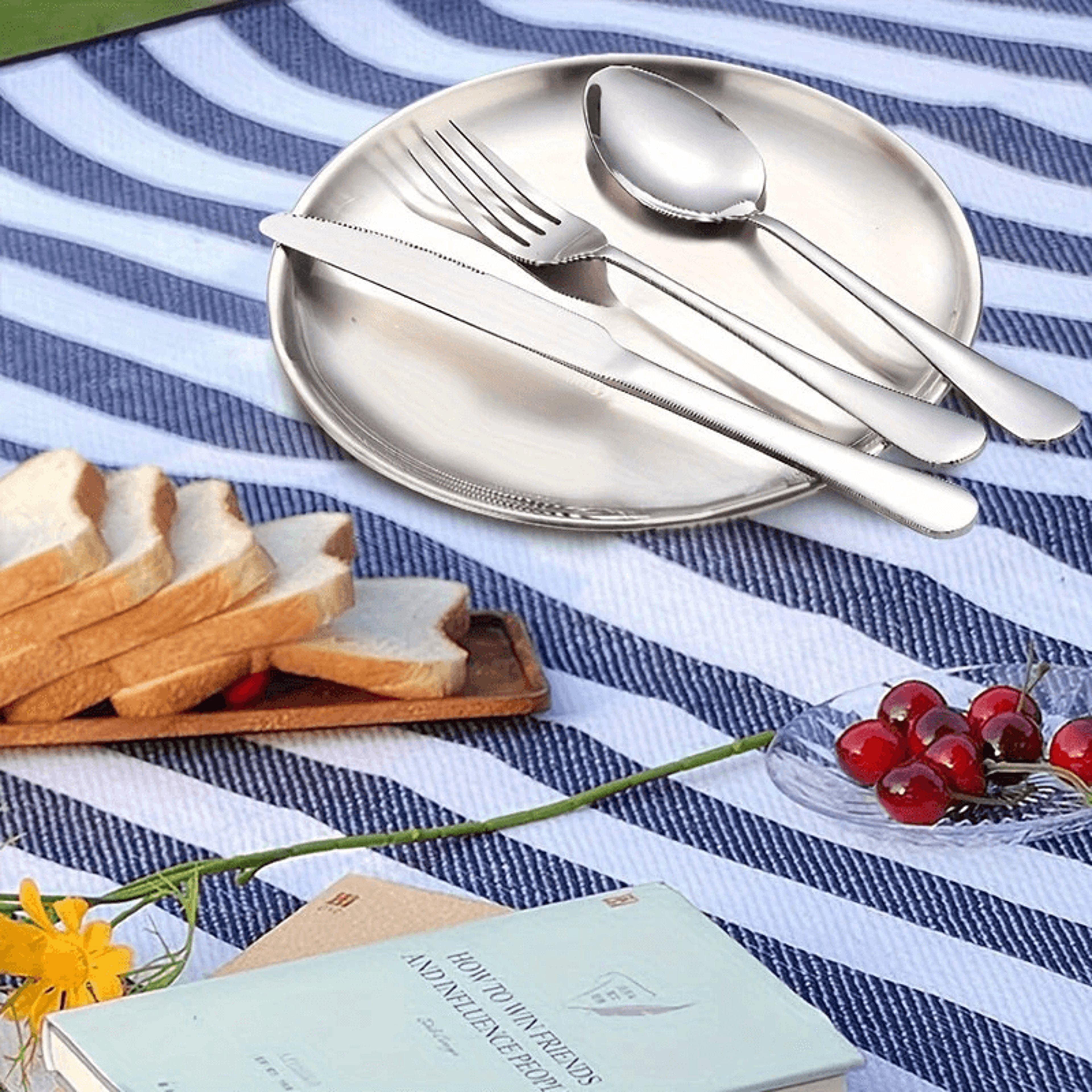 Portable Stainless Steel Camping Tableware Set For Two With Plates And Cutlery 5