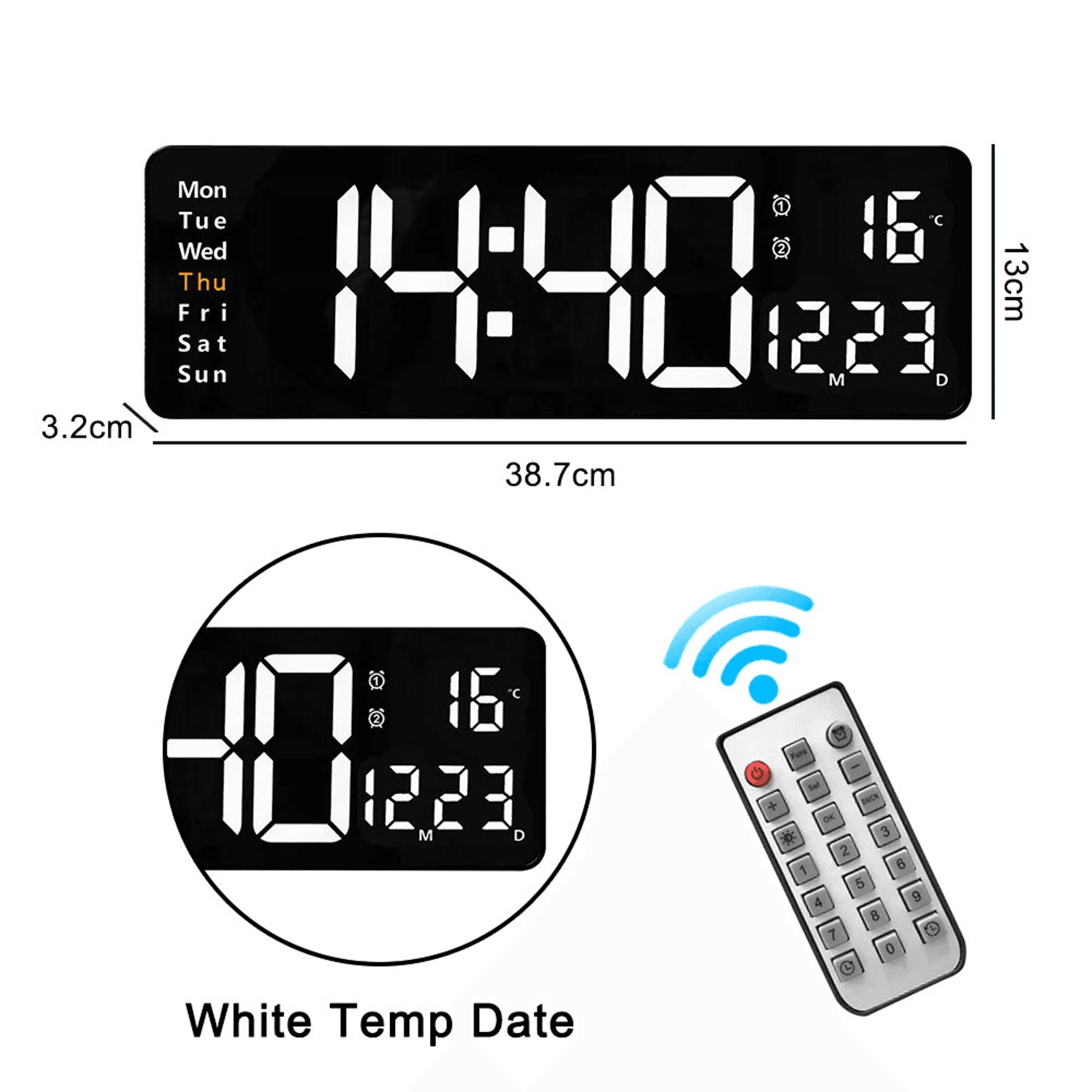 Large LED Digital Wall Clock With Remote Auto Brightness Temperature Date Display 6