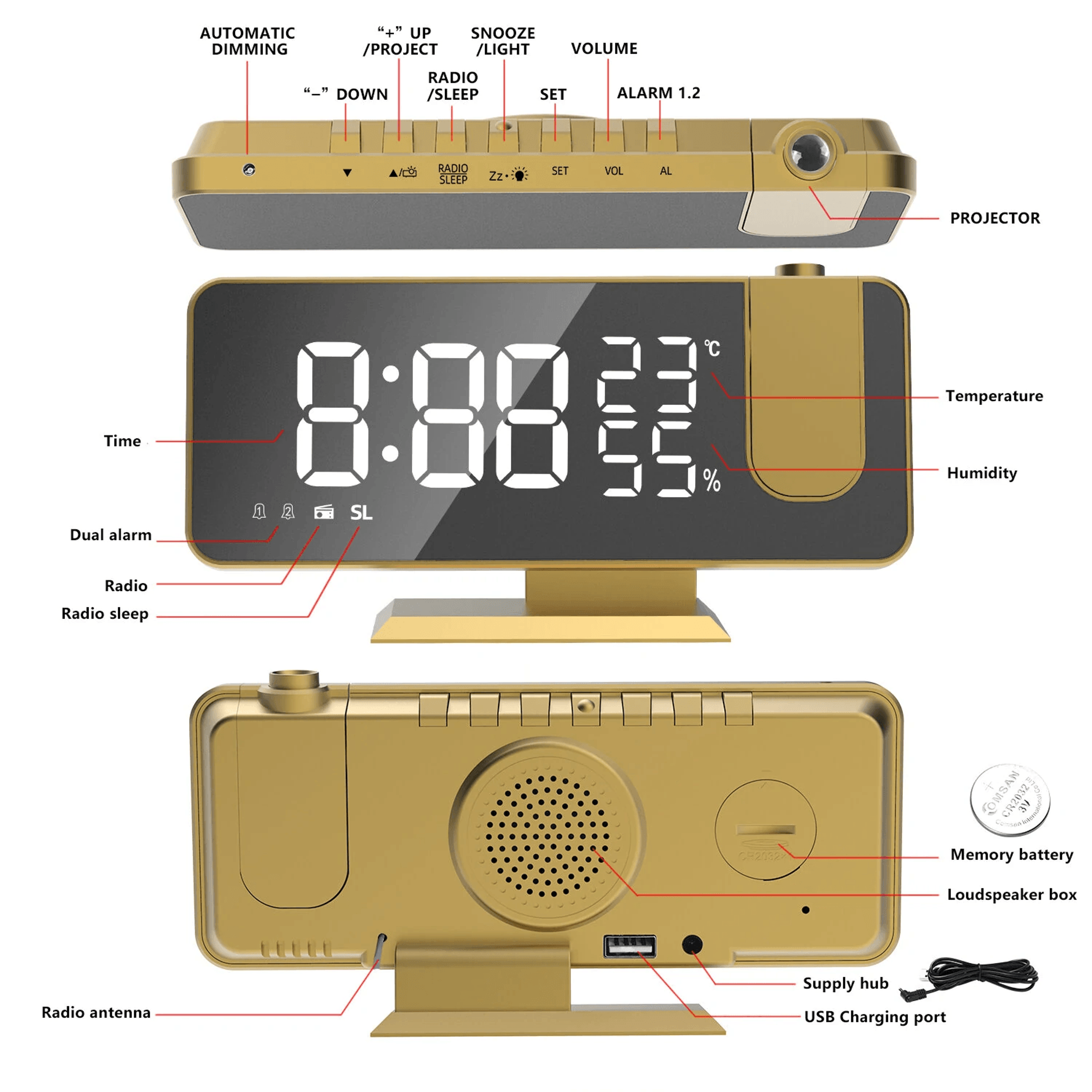 LED Projection Alarm Clock With FM Radio Mirror Display And USB Charging 6