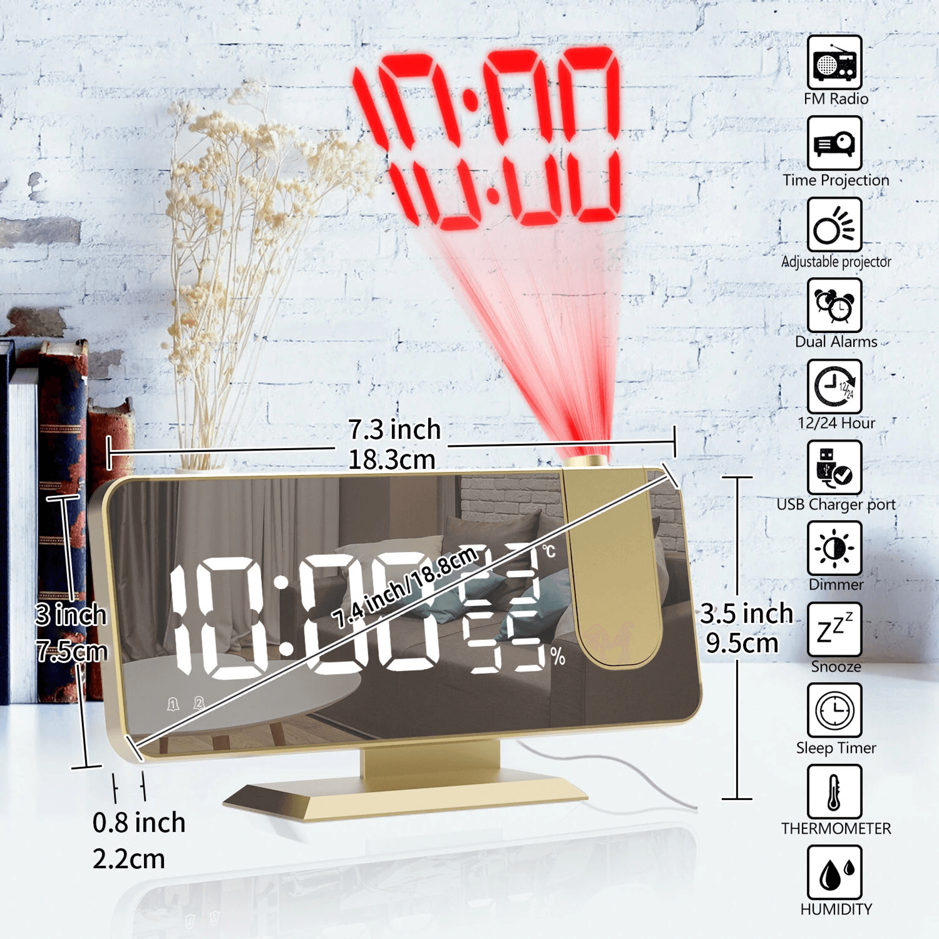 LED Projection Alarm Clock With FM Radio Mirror Display And USB Charging 7