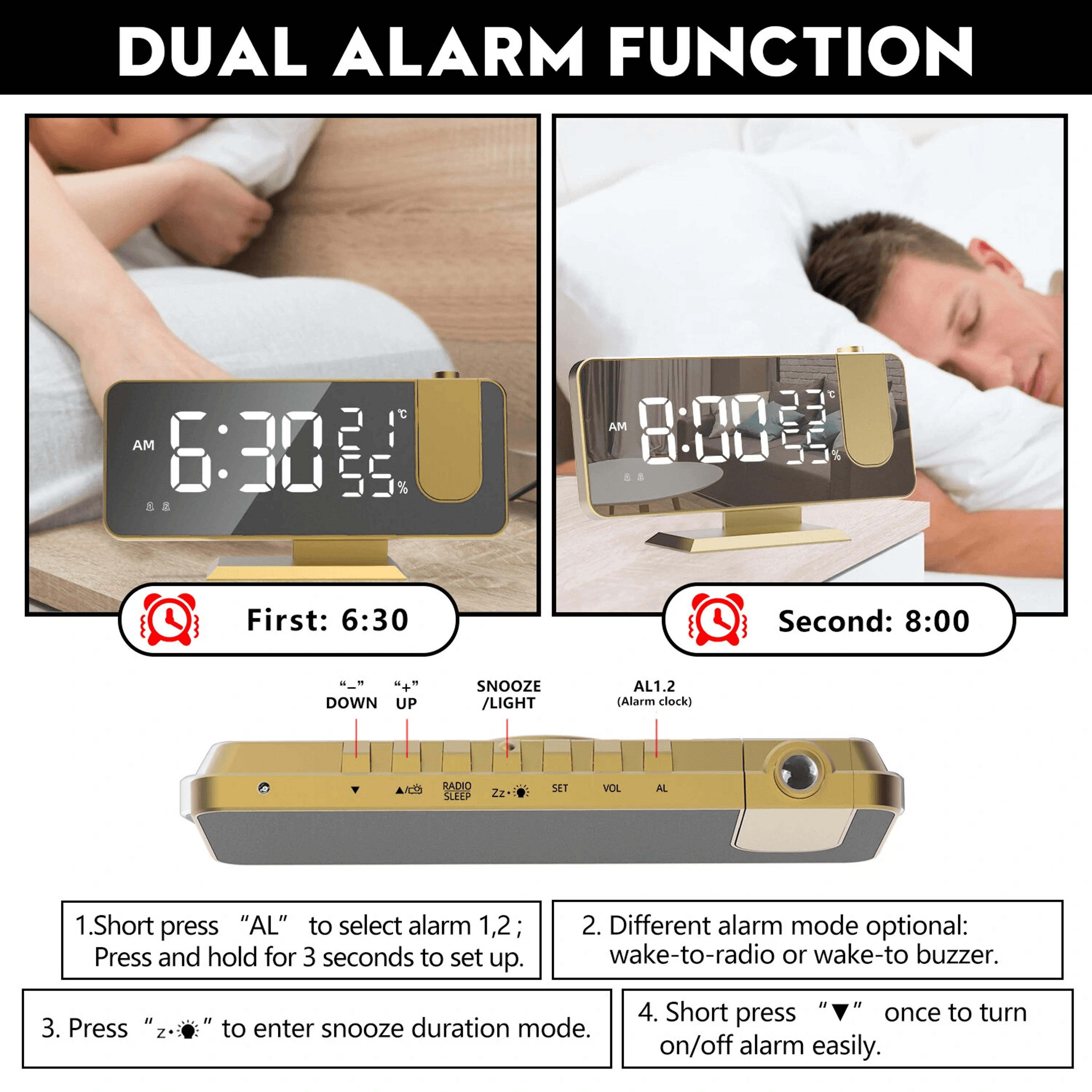 LED Projection Alarm Clock With FM Radio Mirror Display And USB Charging 4