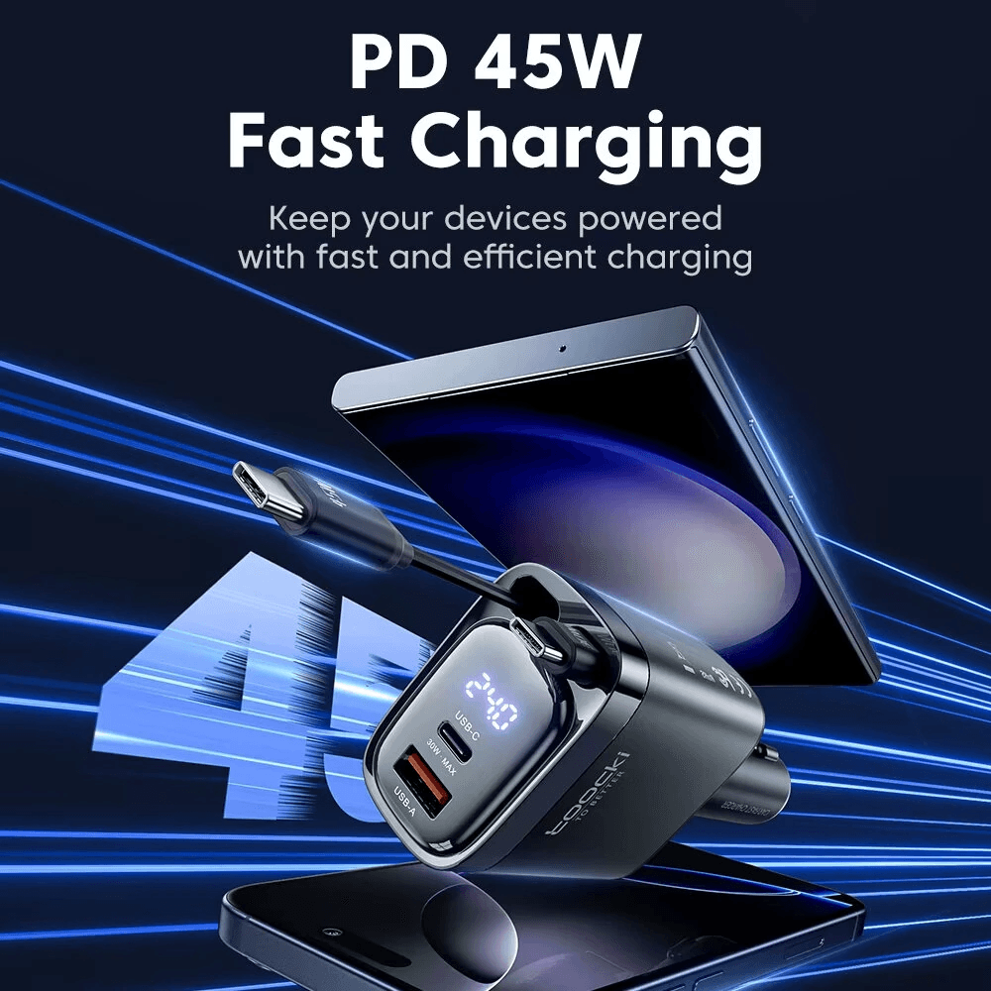 Port Car Charger With Digital Display And Built In Type C Cables 3