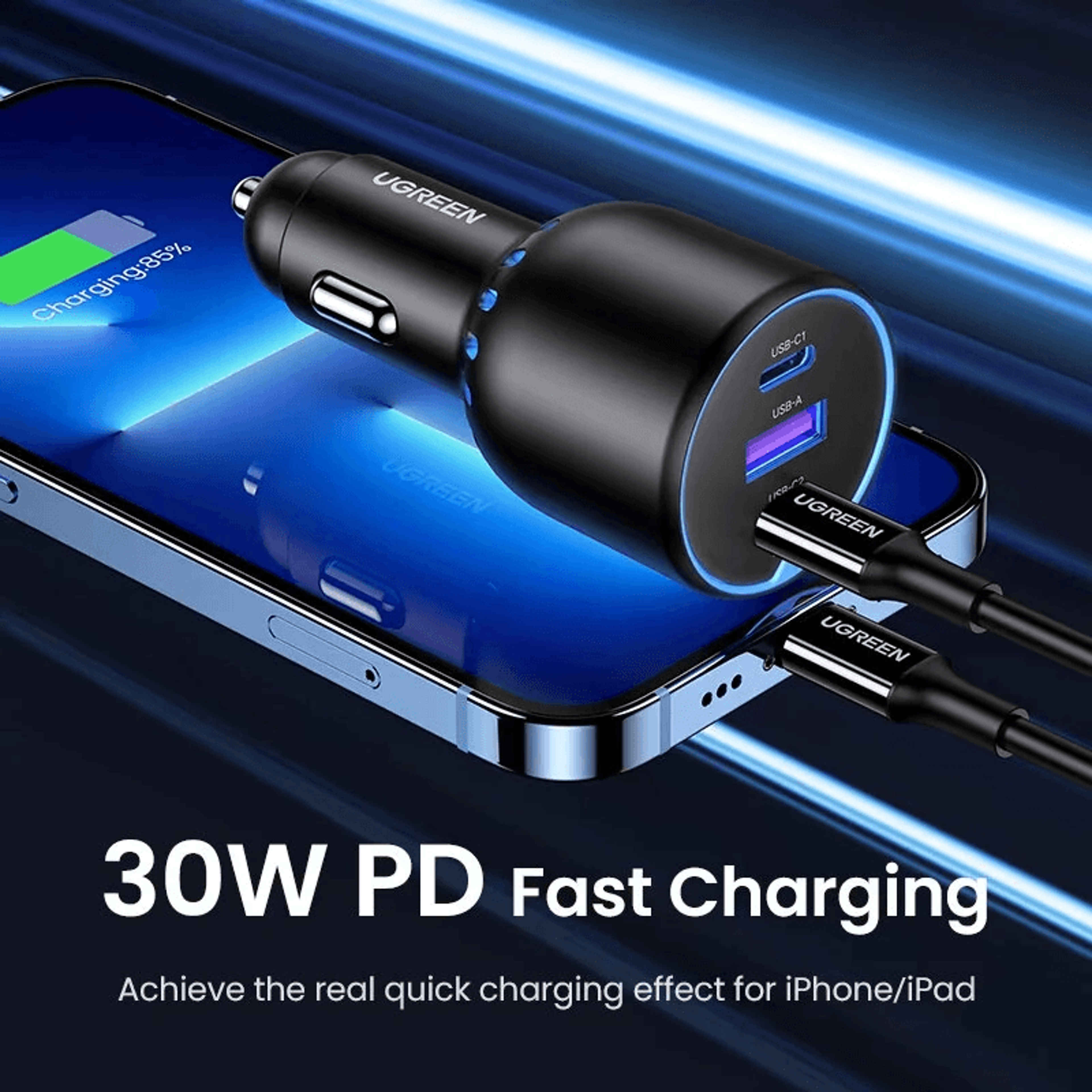 Fast Car Charger With USB C PD And USB A Ports 1
