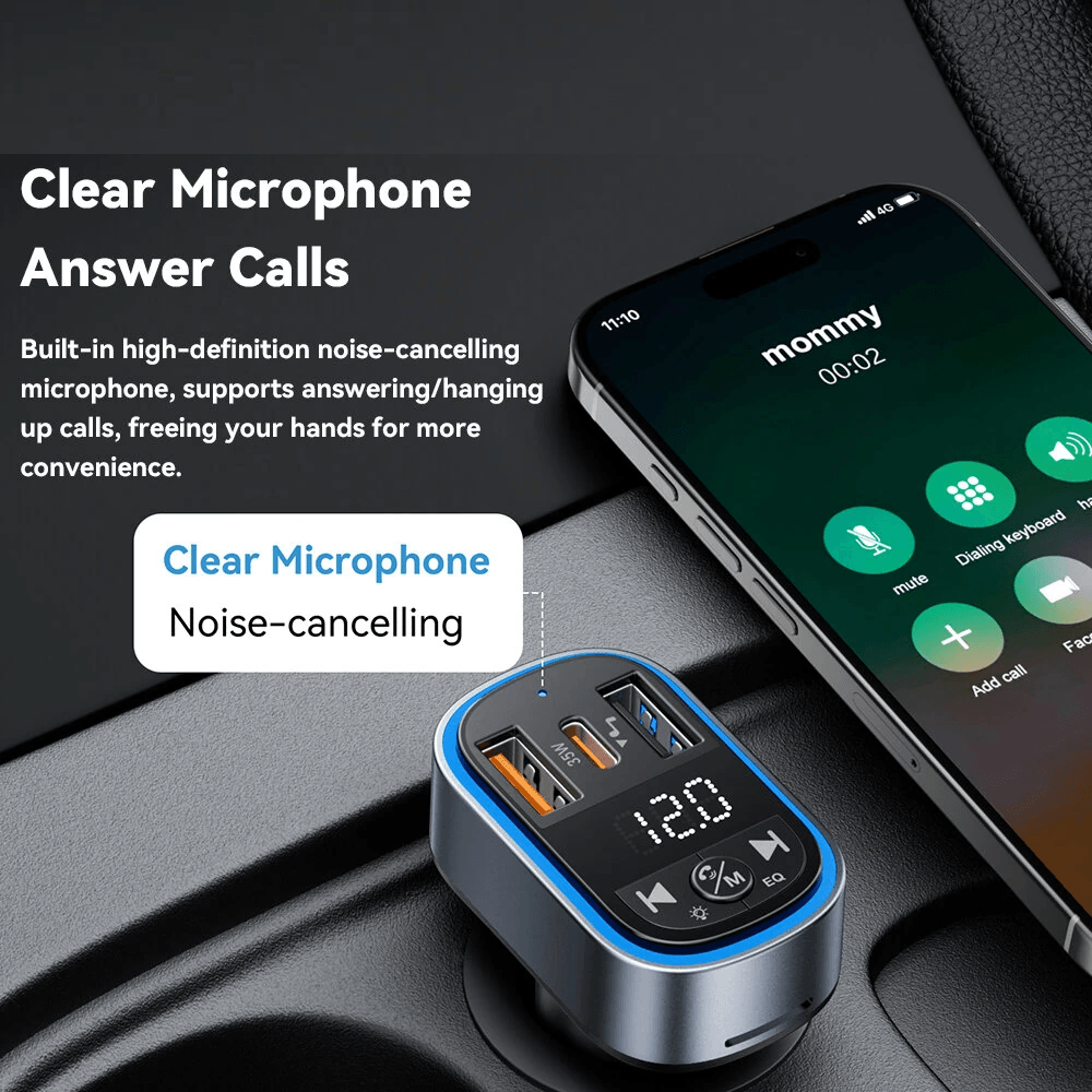 Bluetooth FM Transmitter With USB C Fast Charging And Hands Free Calling 2