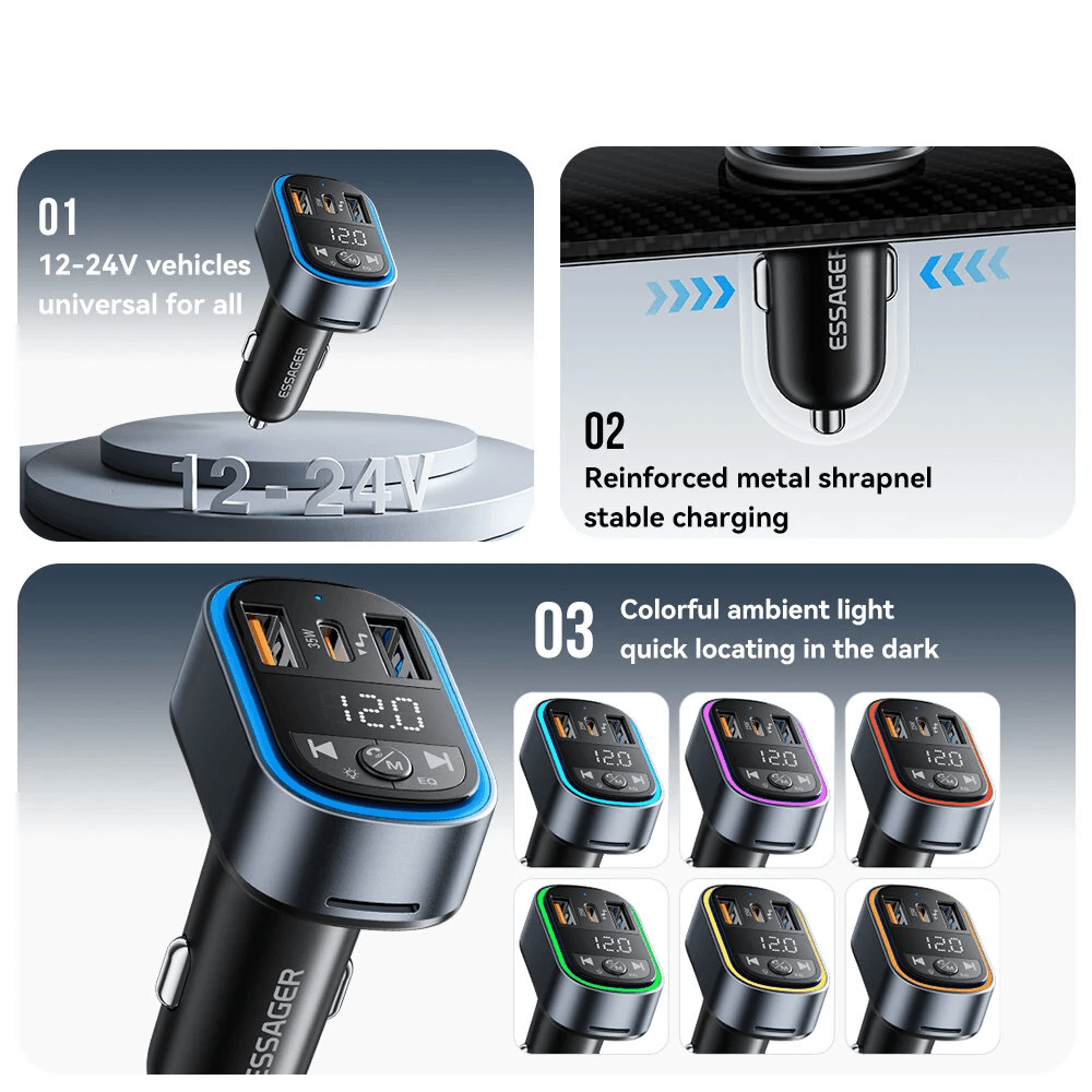 Bluetooth FM Transmitter With USB C Fast Charging And Hands Free Calling 5