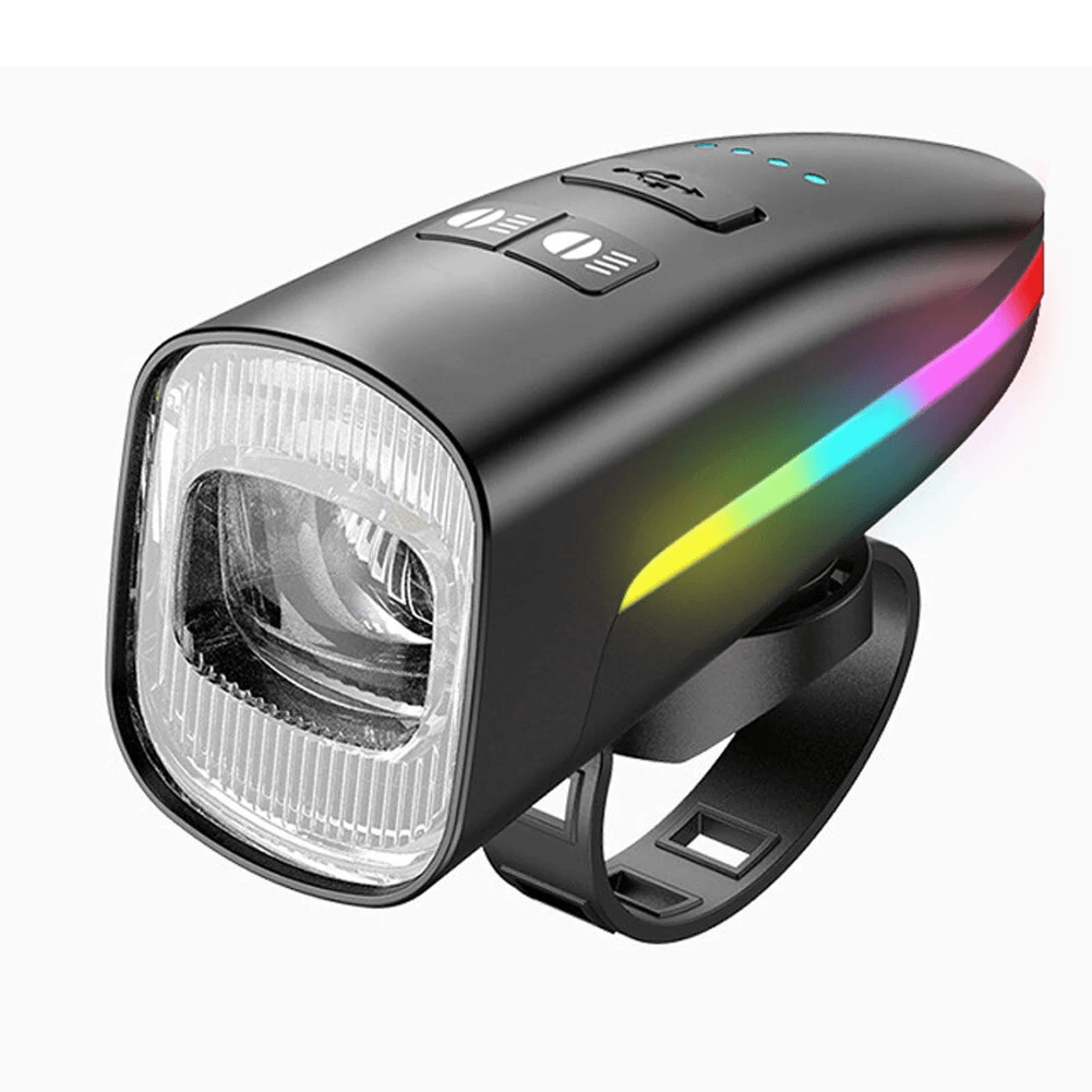 usb rechargeable bike headlight with dual distance beam rgb side lights