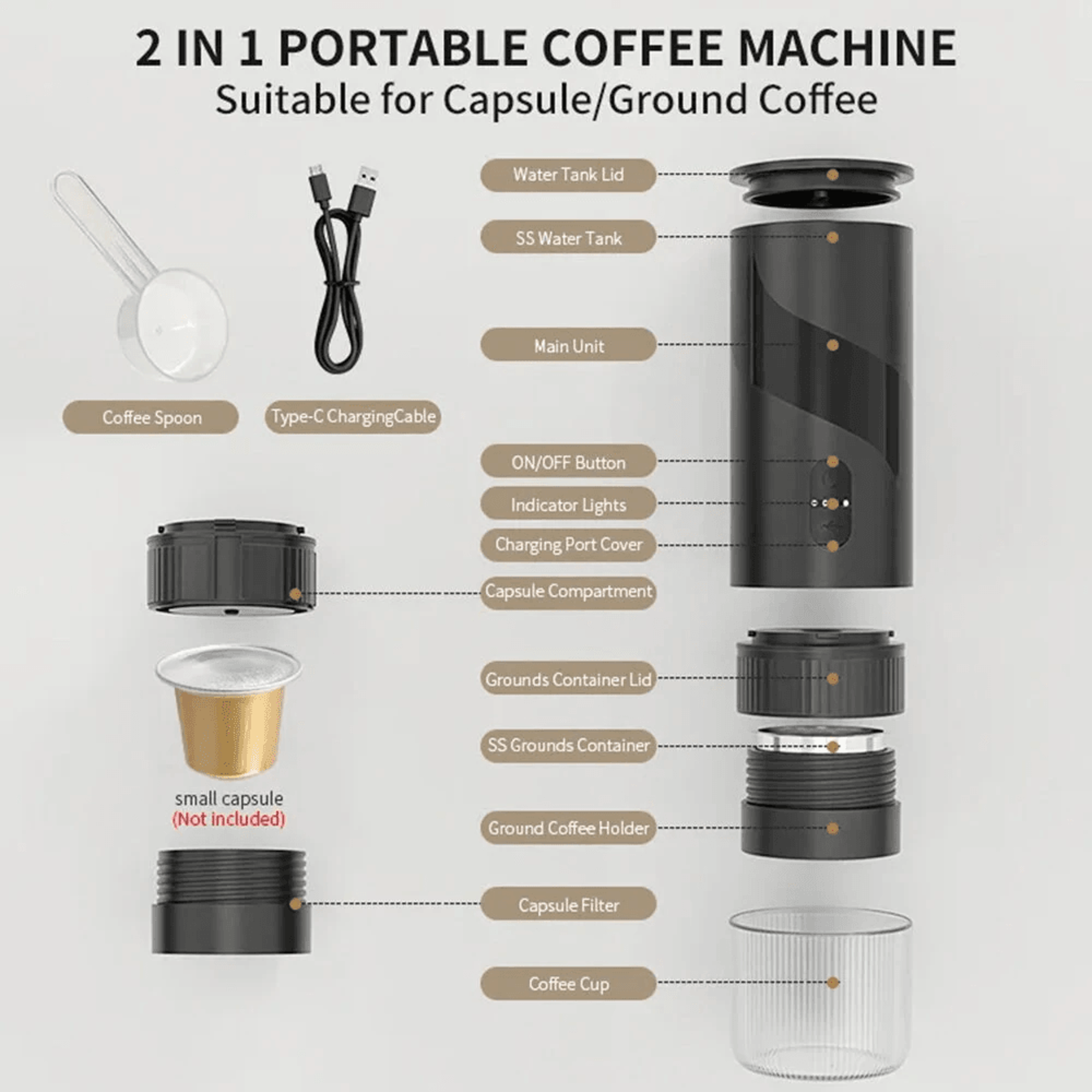 Bar Portable Espresso Maker Rechargeable Compact Travel Coffee Machine For Ground Coffee And NS Cap 3