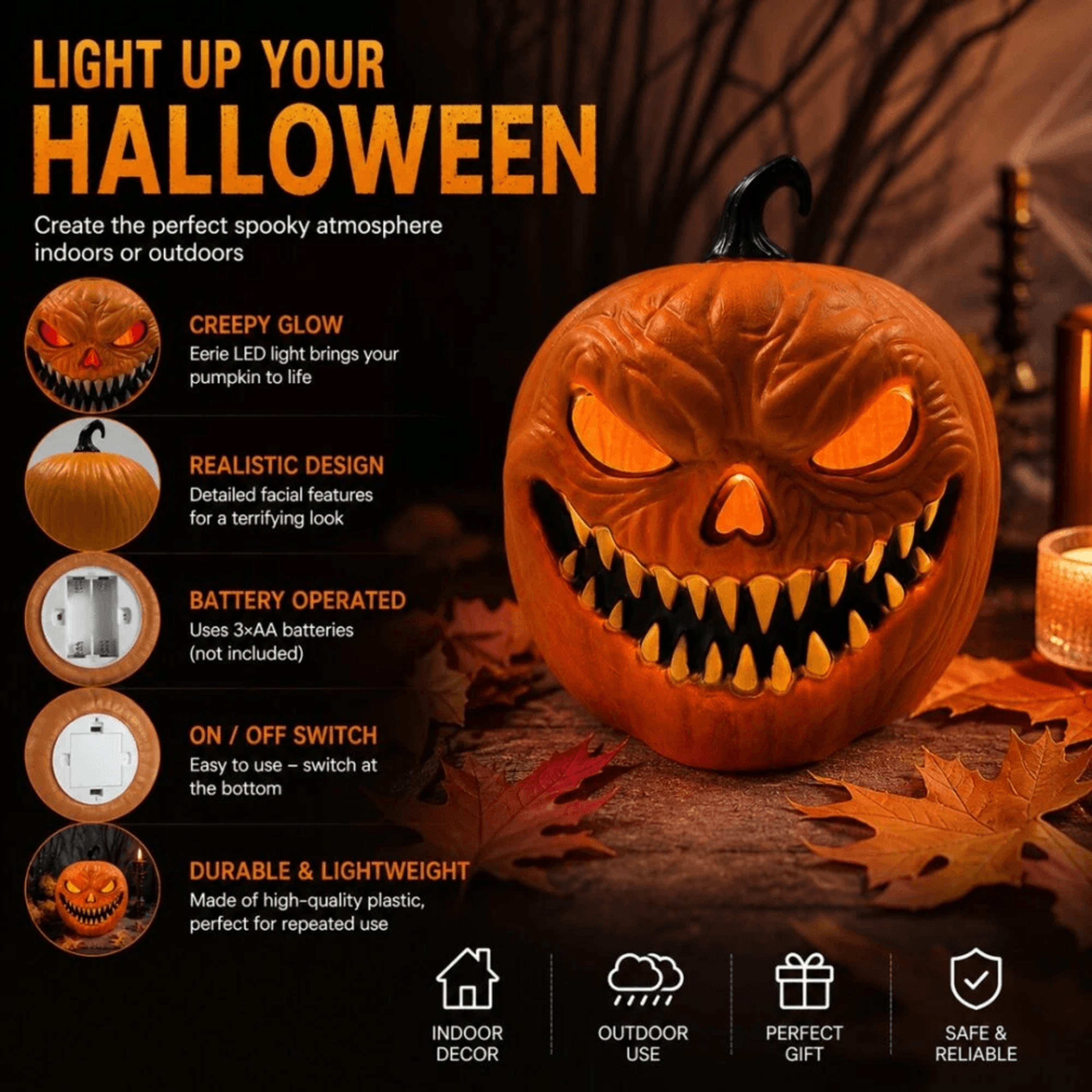 Halloween LED Pumpkin Lantern Battery Powered Light With Three Lighting Options 6