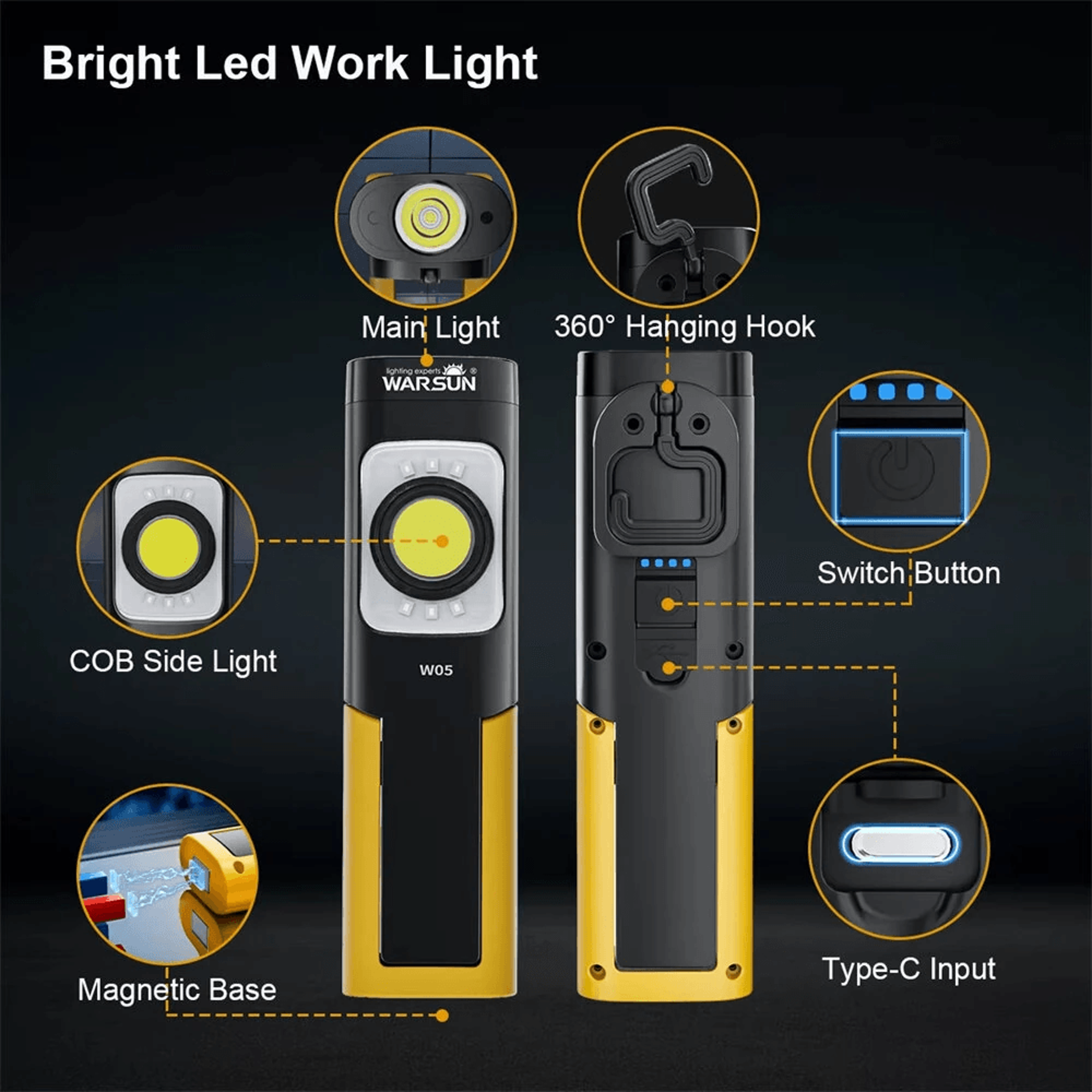 Rechargeable LED Work Light With Magnetic Base Hook And Degree Adjustable Stand 6