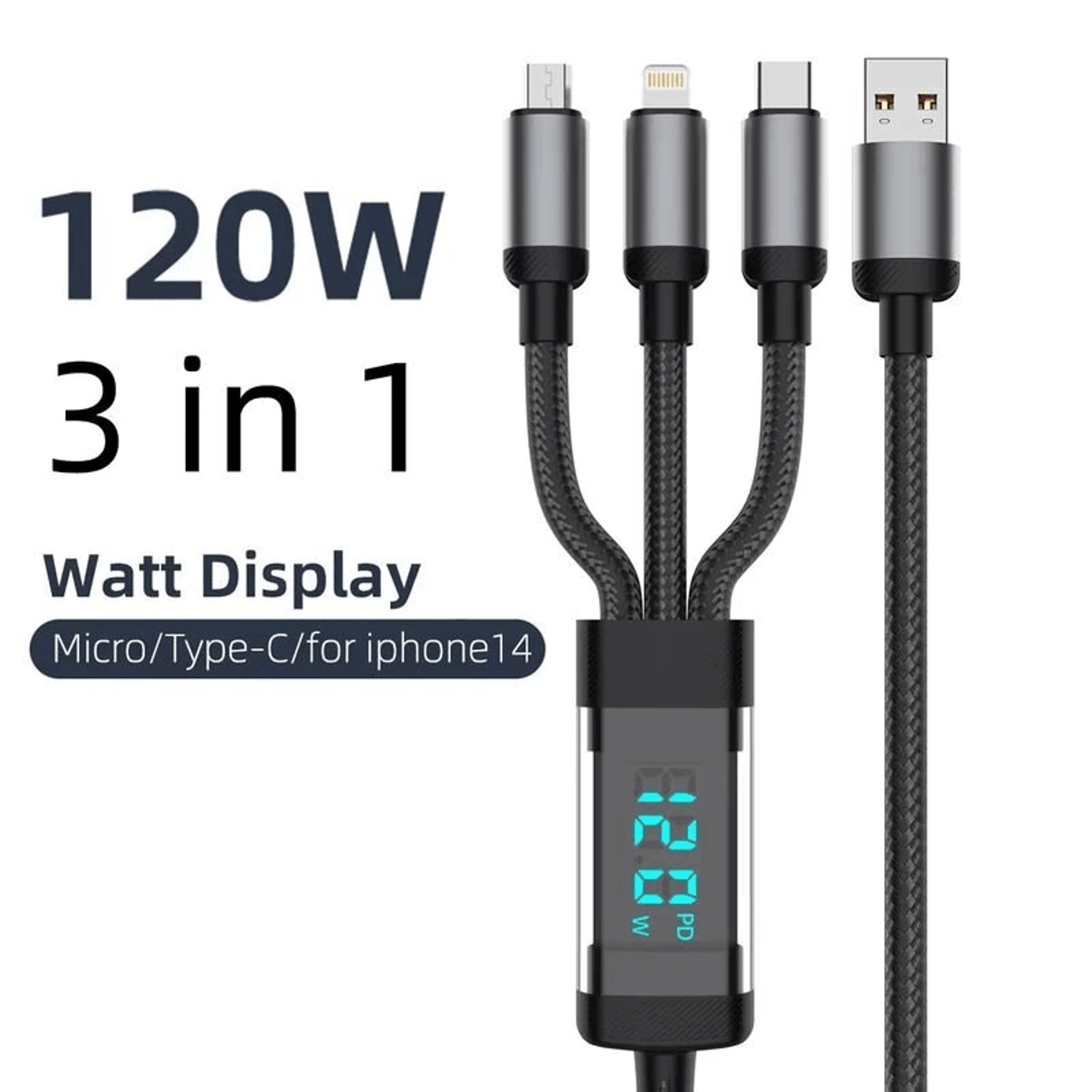 Fast Charging Cable With Digital Watt Display And USB A Input 1