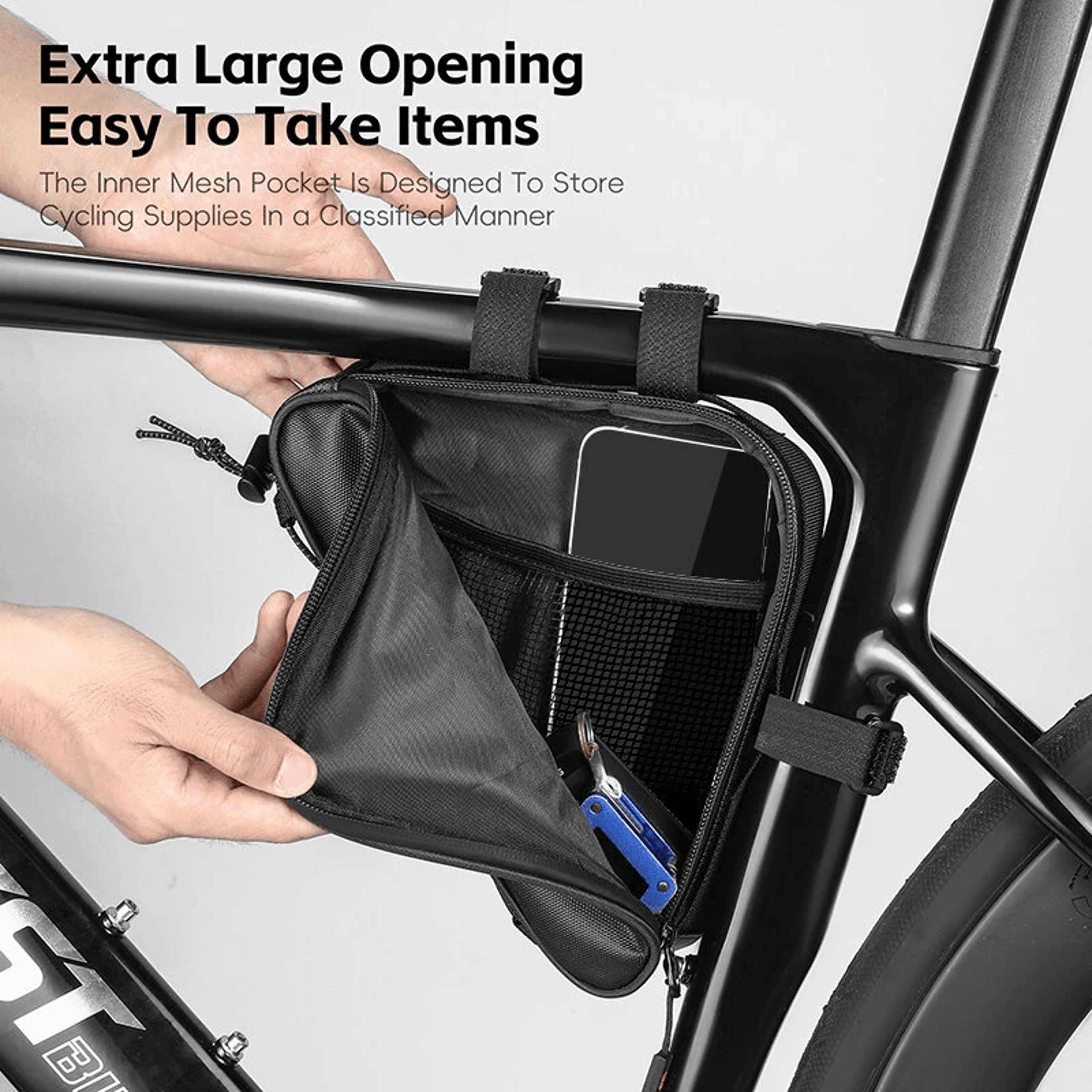 Waterproof Bicycle Front Frame Triangle Bag With Elastic Cord And Mesh Pouch 5