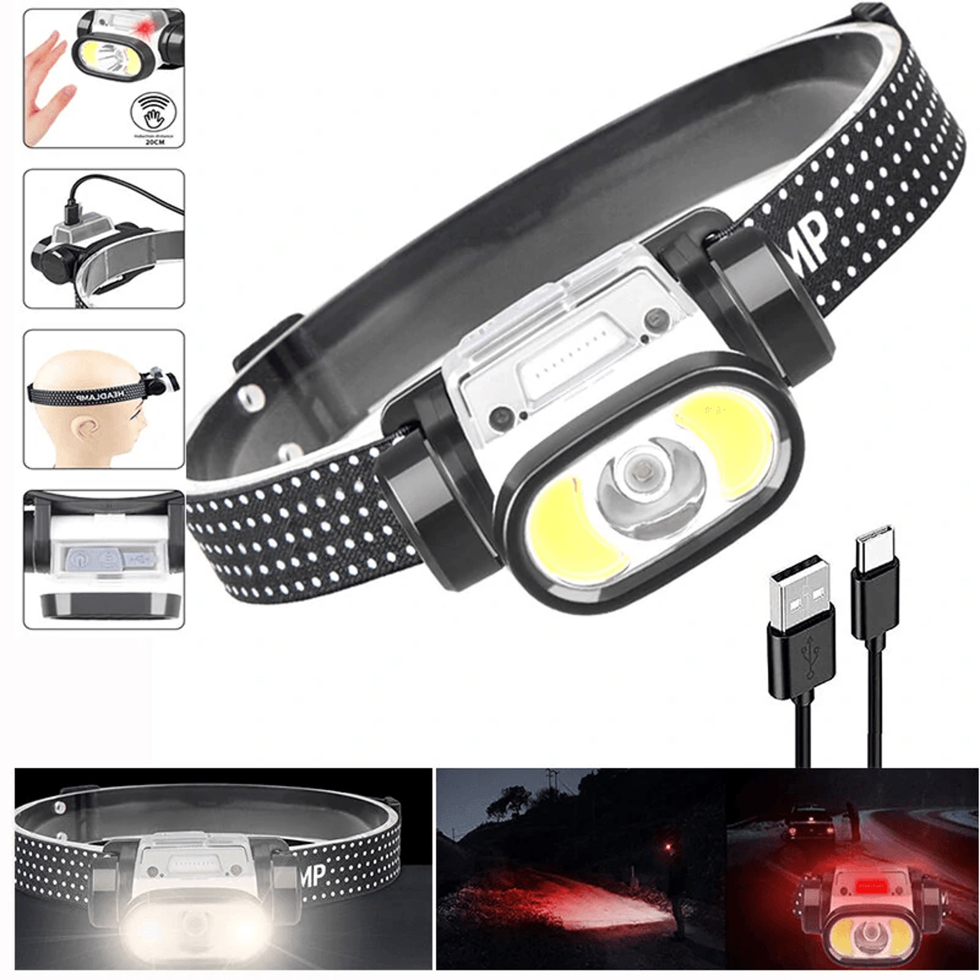 Rechargeable LED Headlamp With Wave Sensor Lumens Lighting Modes 5