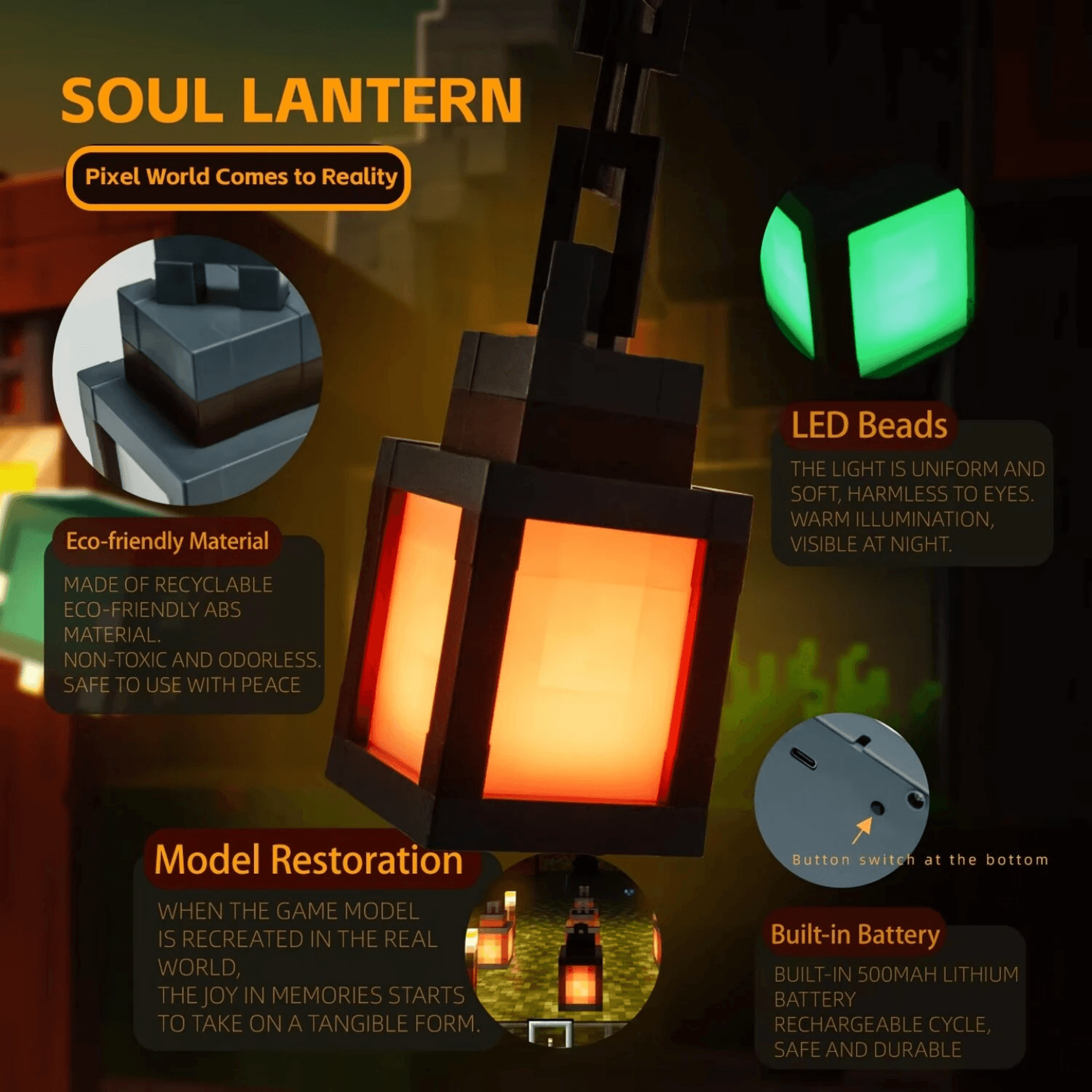 Pixel Game Inspired Rechargeable Lantern Night Light With Remote 4