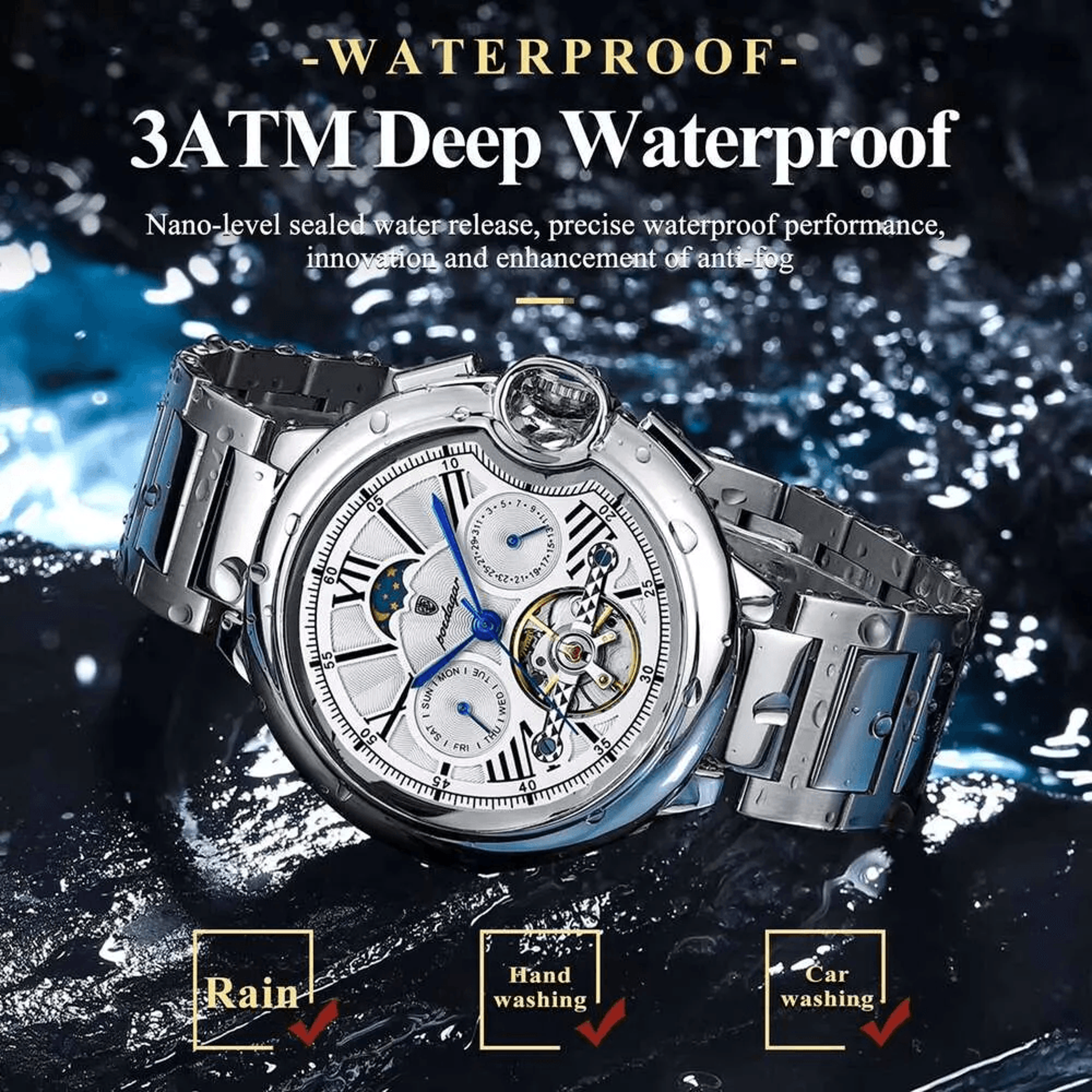 Mens Automatic Skeleton Mechanical Watch With Luminous Dial And Stainless Steel Band 1