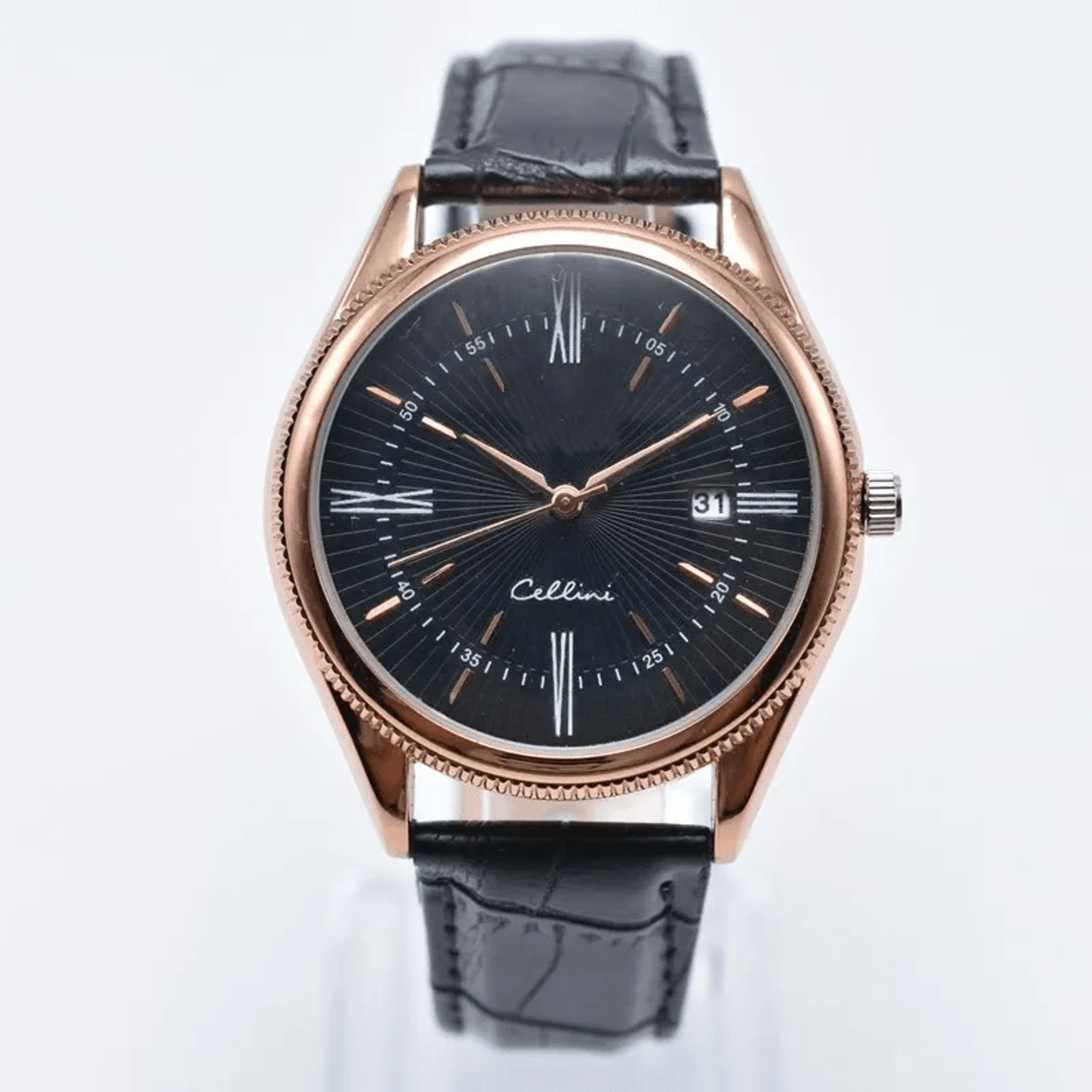Mens Rose Gold Quartz Watch With Vintage Leather Strap And Auto Date 7