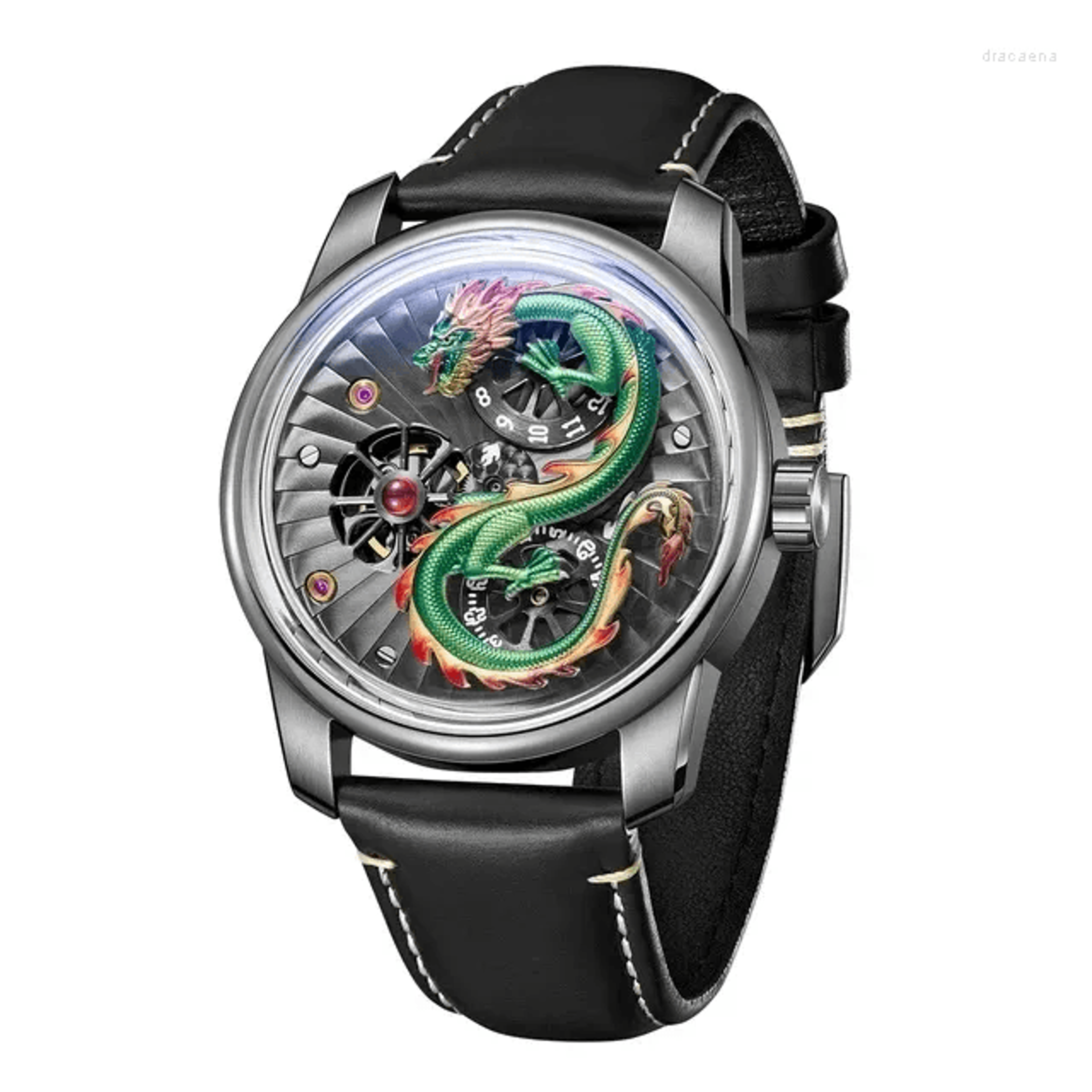 Mens Dragon Quartz Watch With Luminous Dial And Red Leather Strap 6