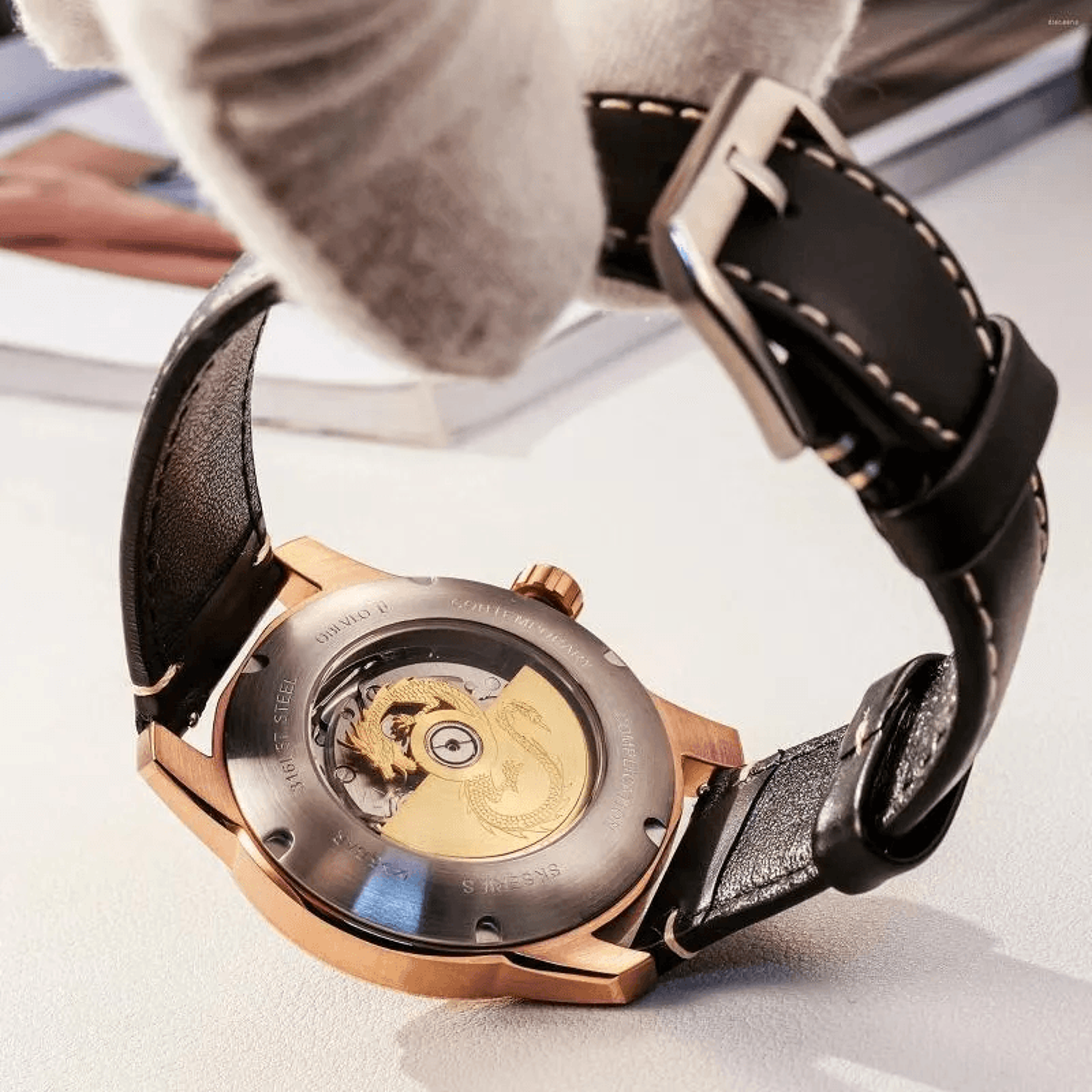 Mens Dragon Quartz Watch With Luminous Dial And Red Leather Strap 2