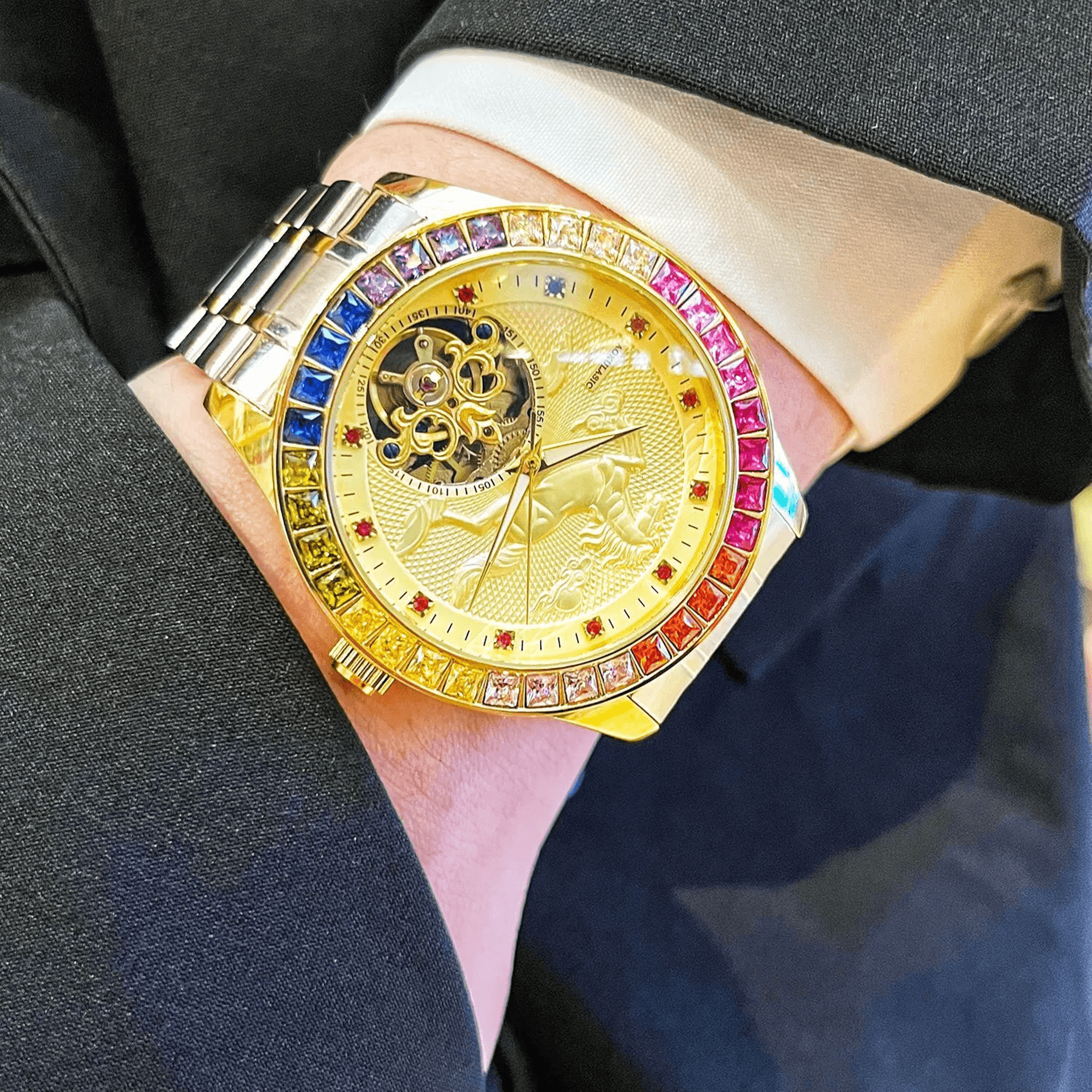 mens gold automatic mechanical watch with galloping horse design
