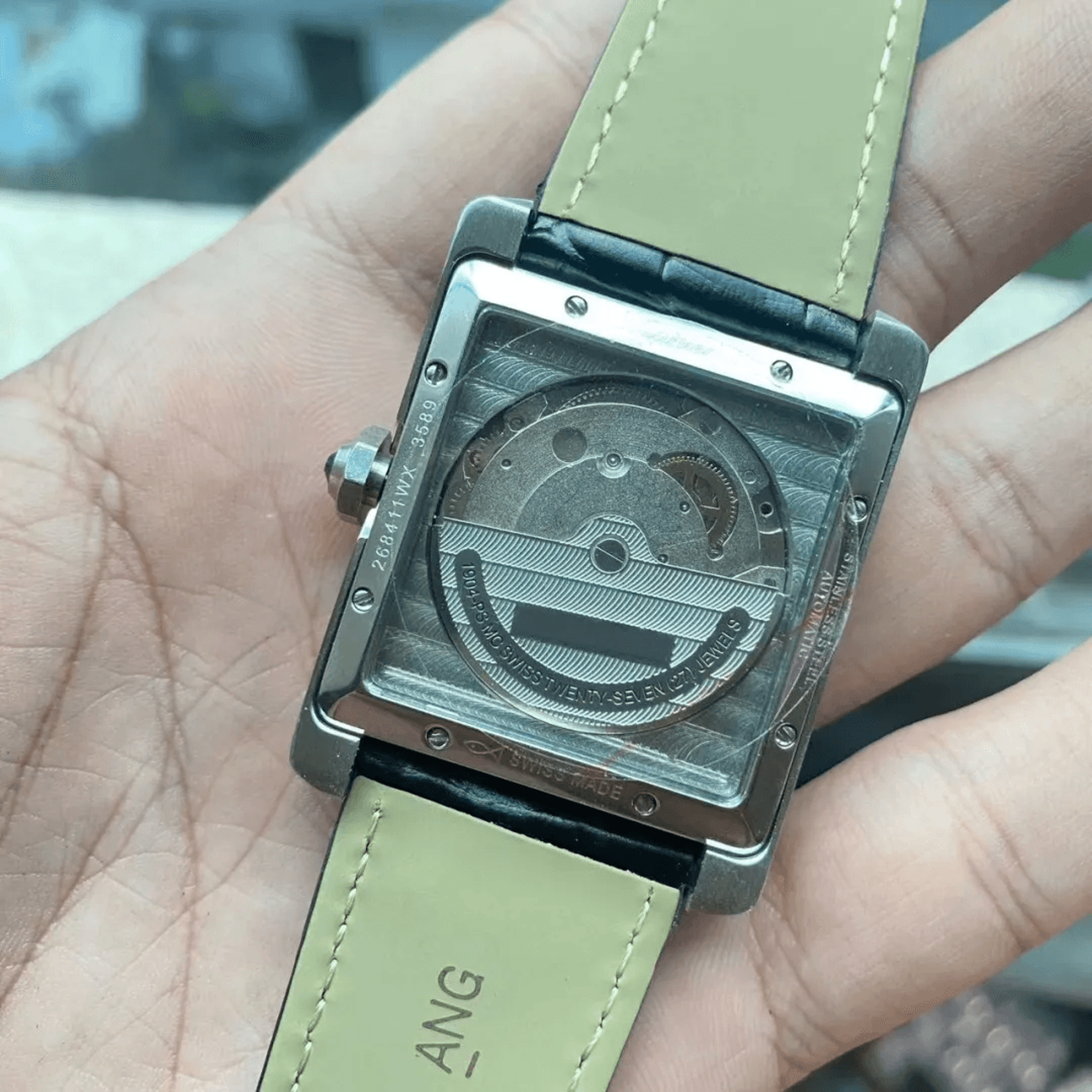 Mens Automatic Mechanical Watch With Rectangular Dial And Black Leather Strap 0