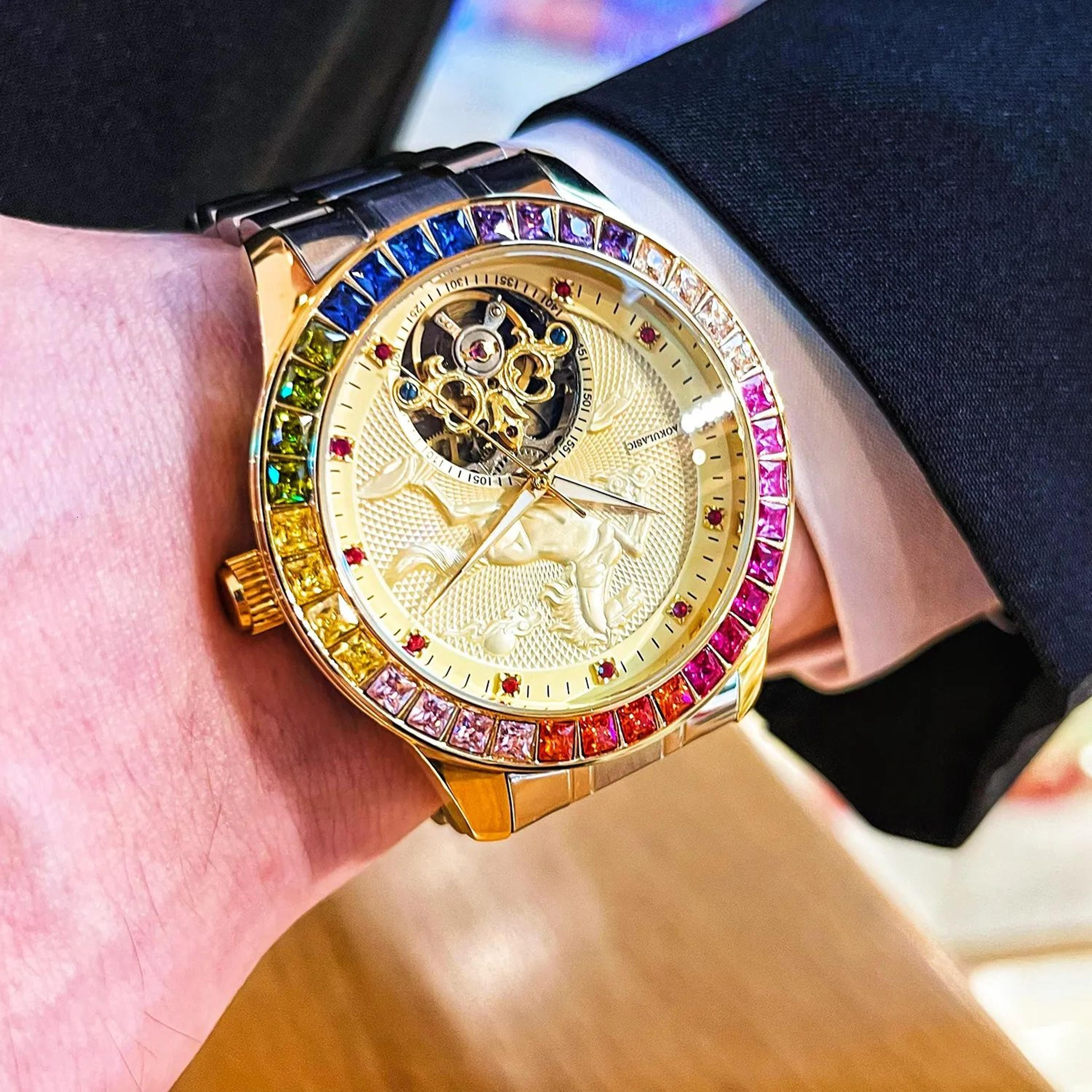 Mens Automatic Mechanical Watch With Gold Stainless Steel Band And Horse Design 3