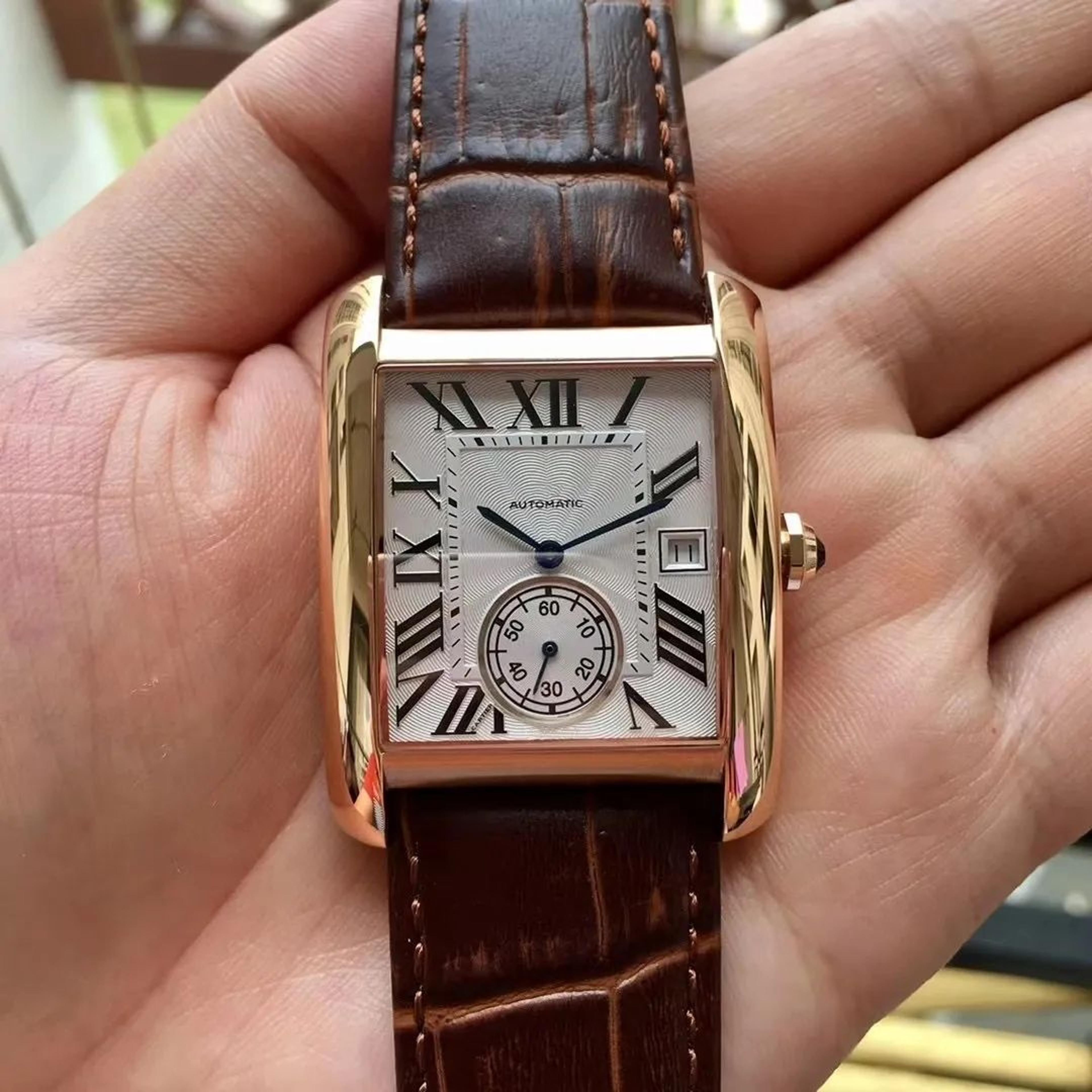Mens Automatic Mechanical Tank Watch With Rectangular Dial And Black Leather Strap 6