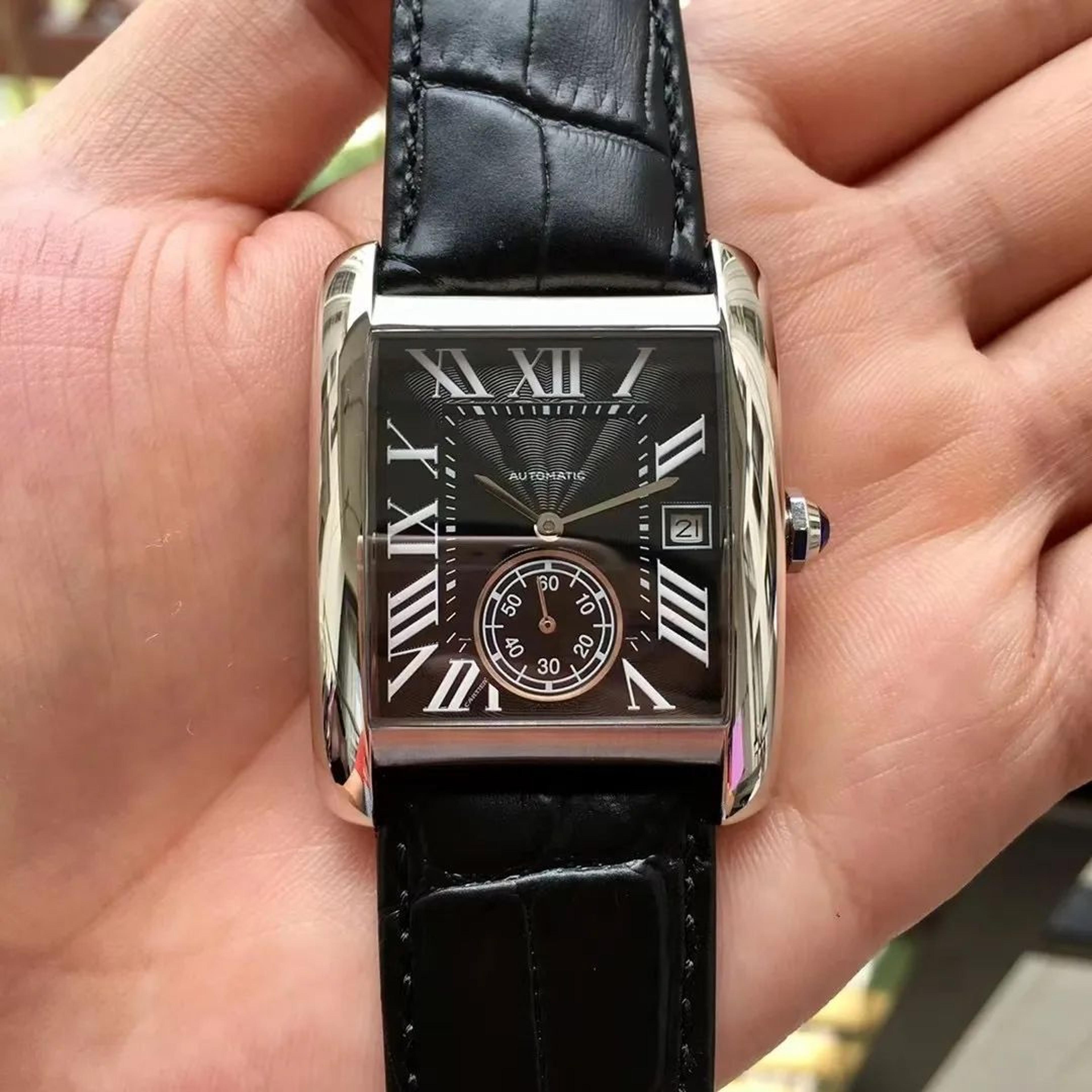 Mens Automatic Mechanical Tank Watch With Rectangular Dial And Black Leather Strap 5
