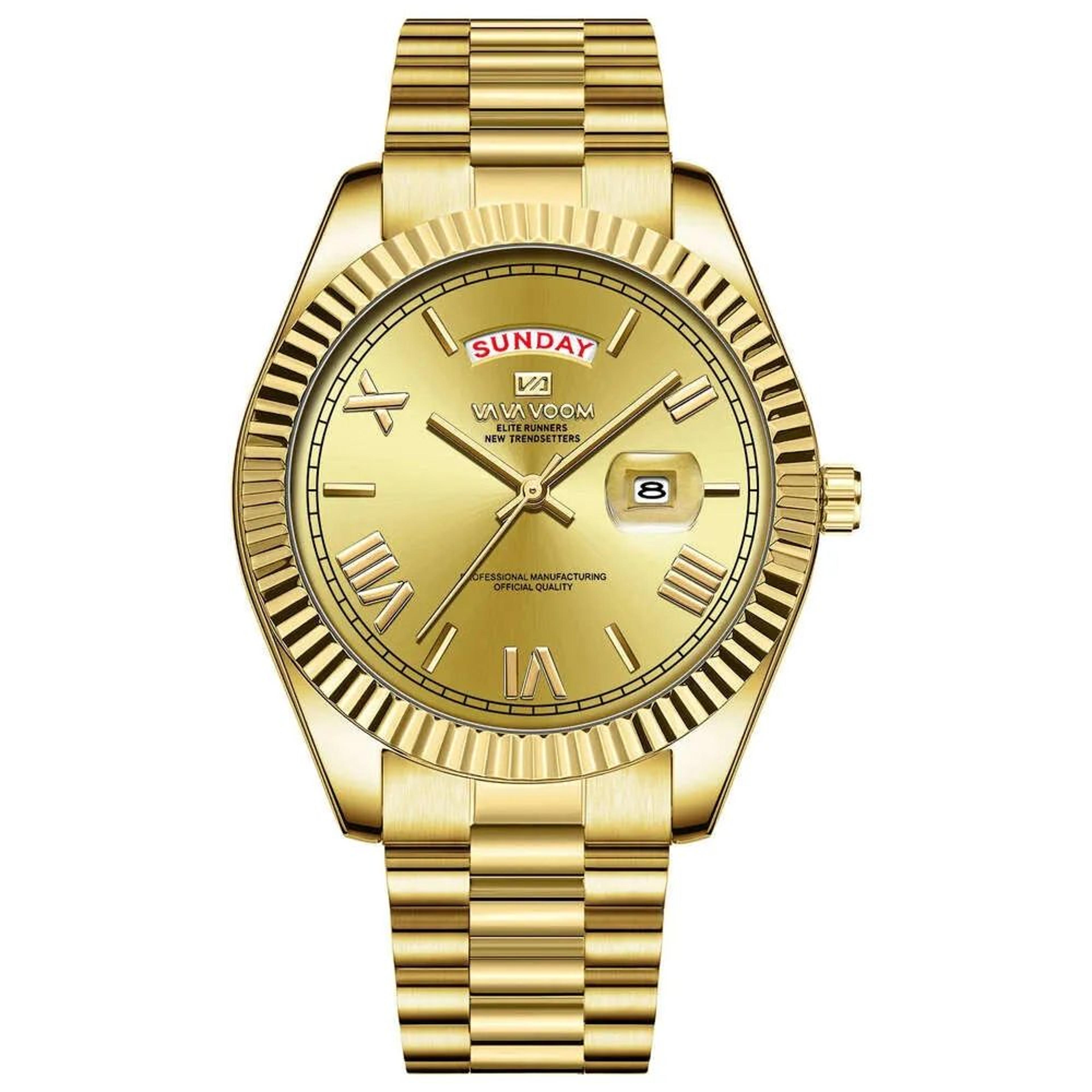 men's gold tone quartz watch with case and stainless steel bracelet