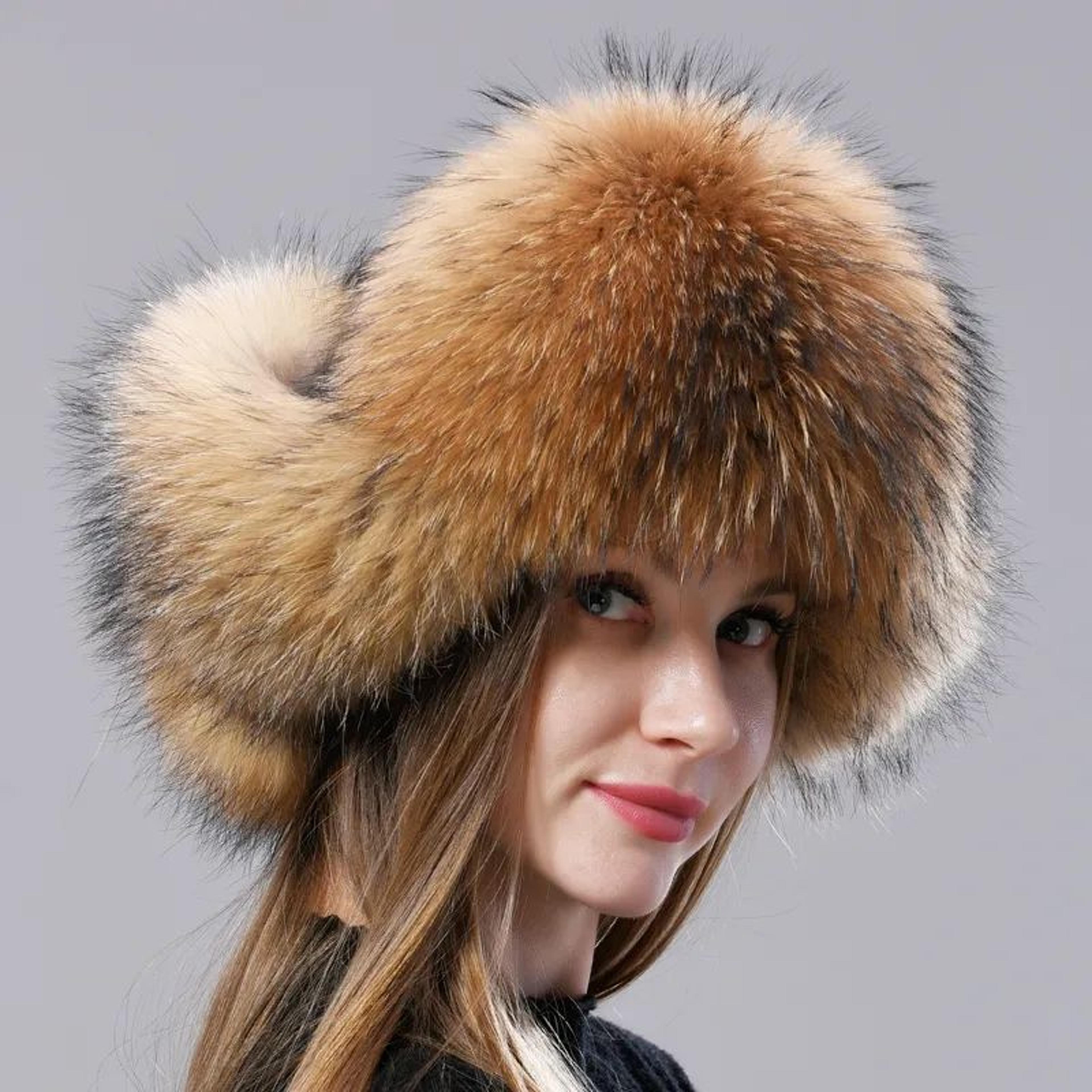 women's natural fur ushanka hat with warm ear flaps for winter