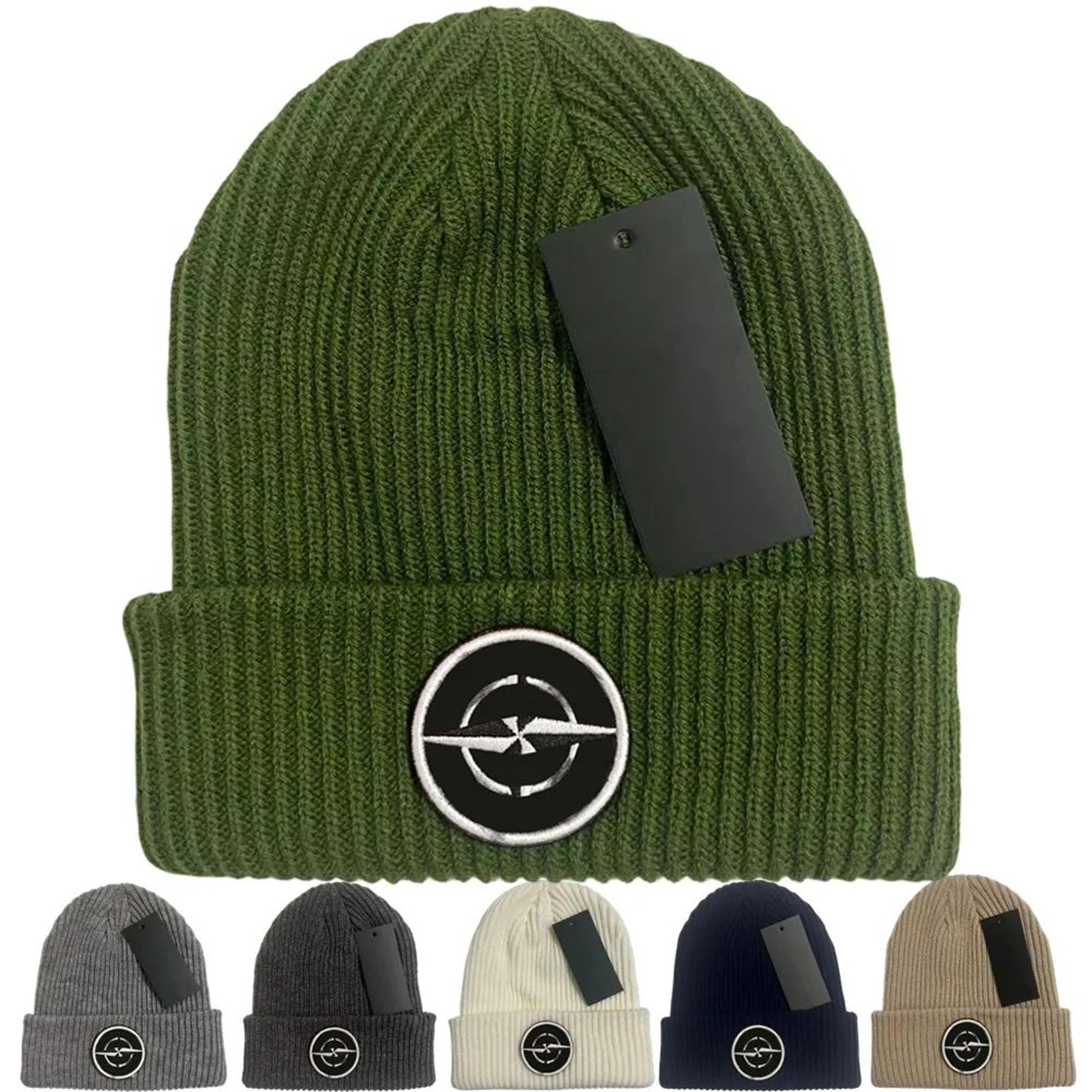 compass embroidered ribbed knit beanie hat unisex winter cuffed skull cap