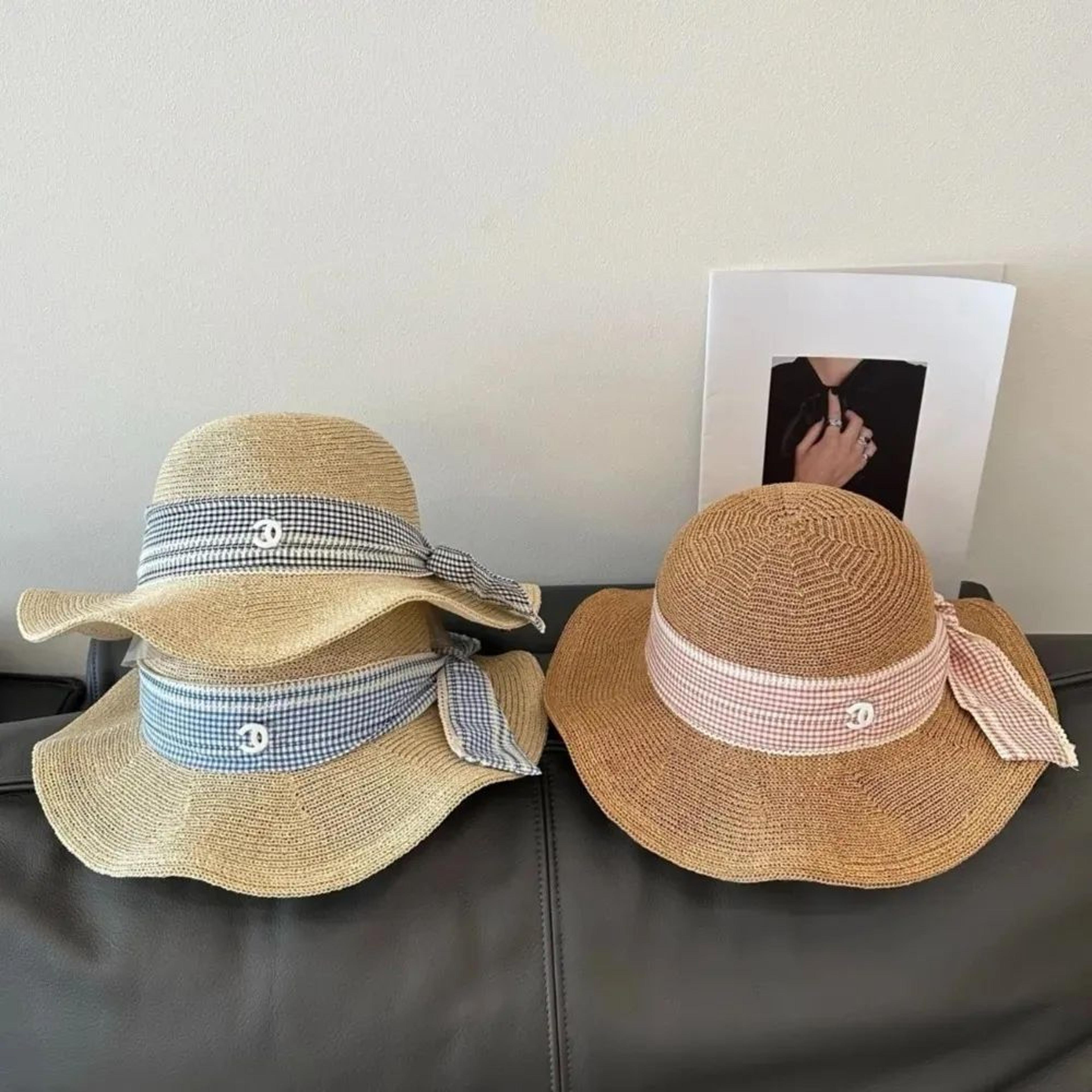 Wide Brim Straw Hat With Plaid Ribbon And Dome Crown For Women 1