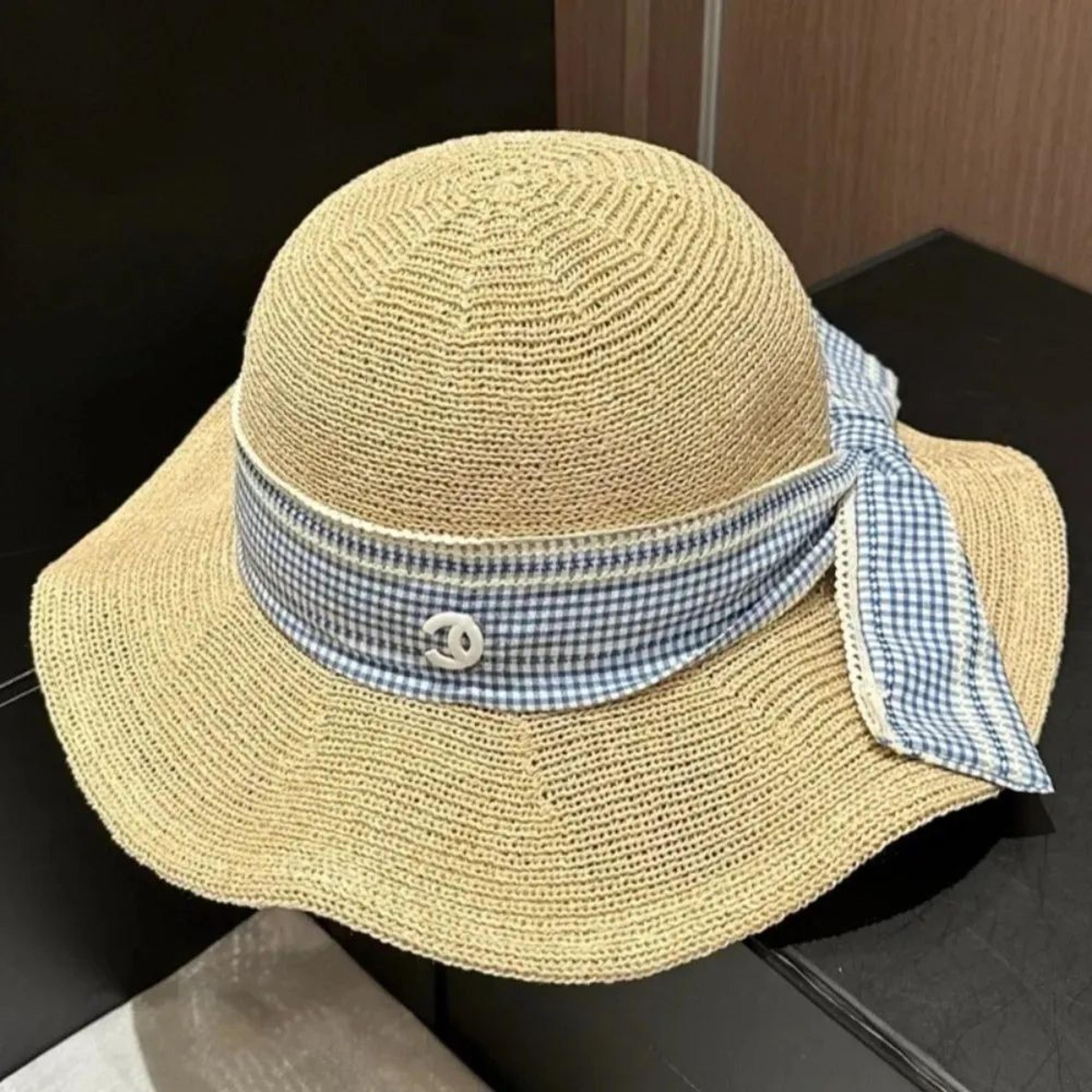Wide Brim Straw Hat With Plaid Ribbon And Dome Crown For Women 3