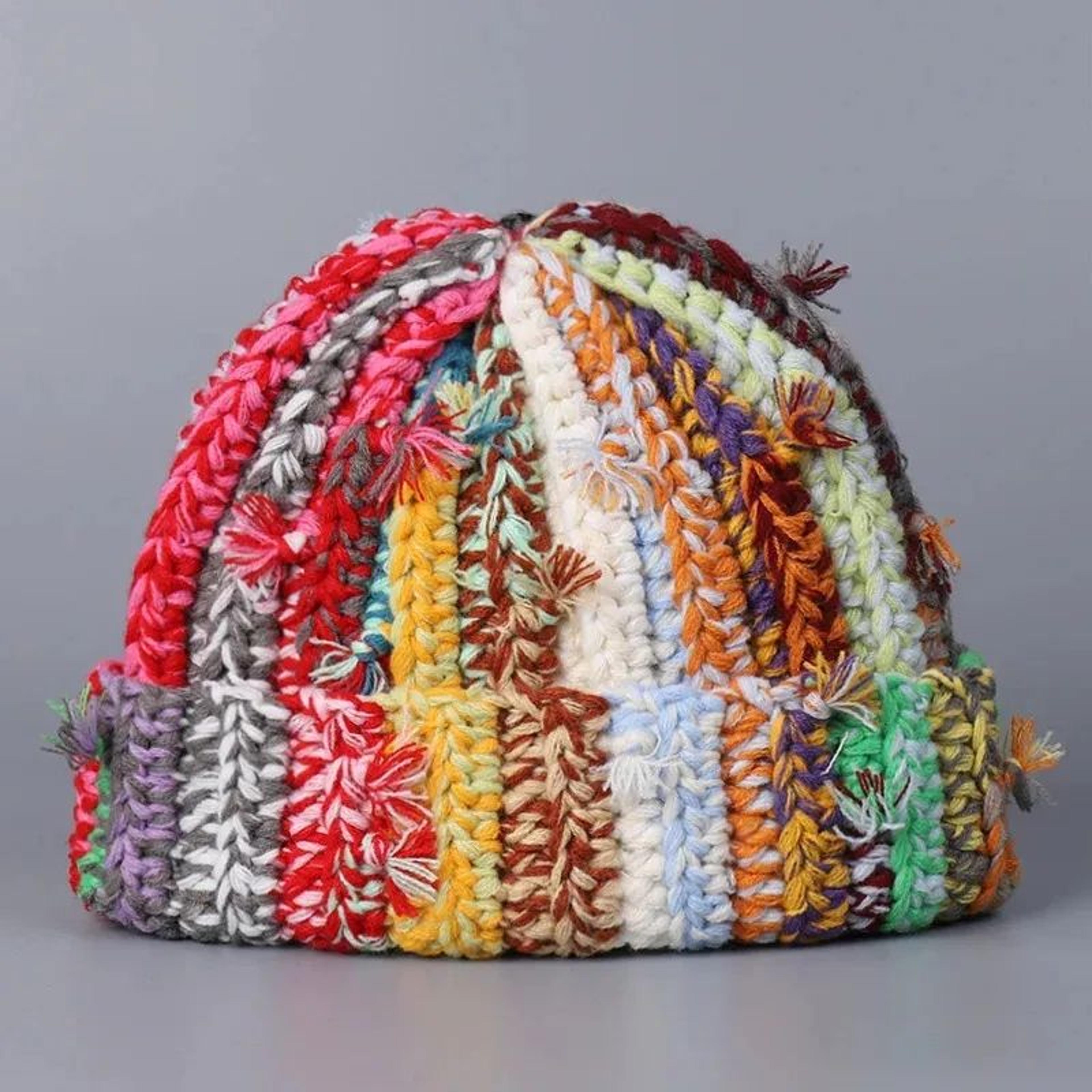 handmade wool beanie hat with multi strand twist knit and mixed colors